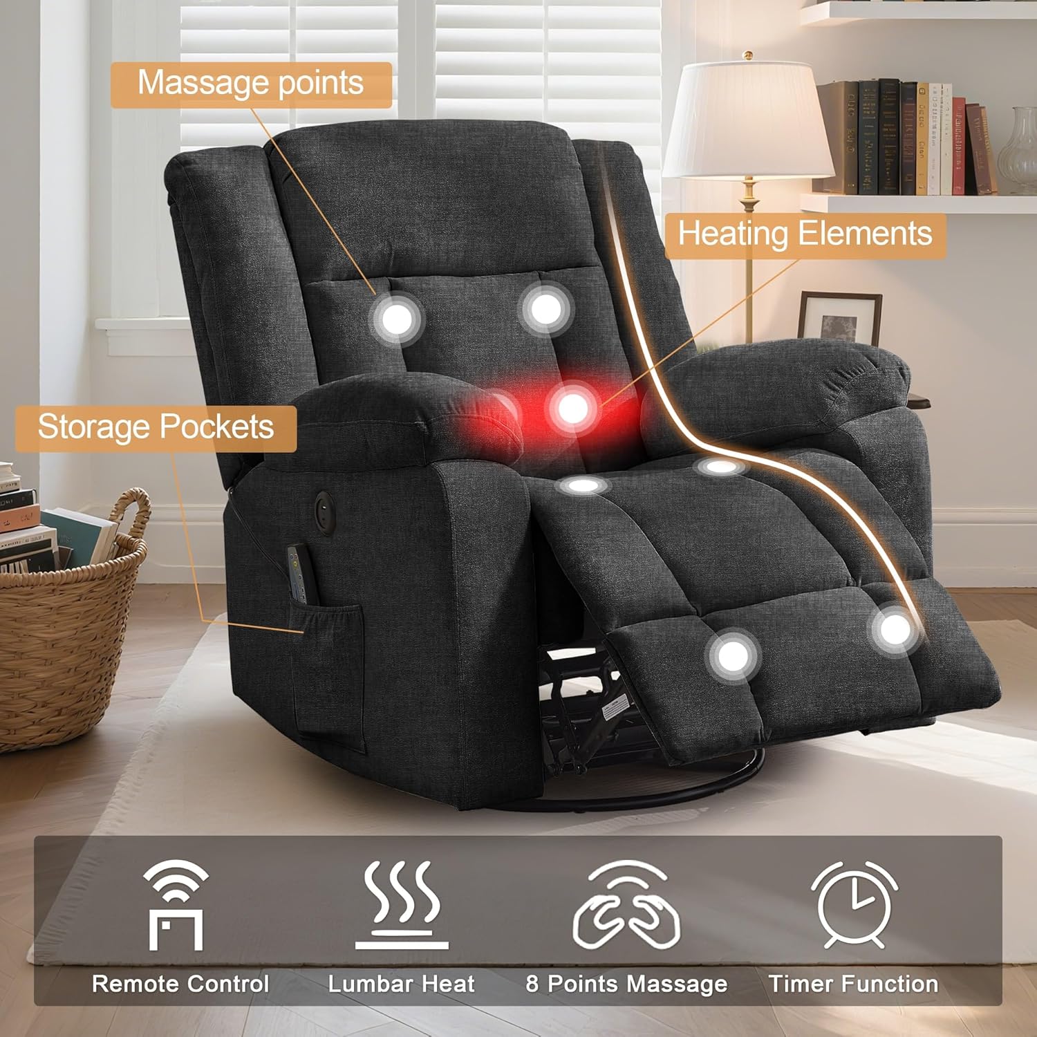 Fauteuil à bascule pour adulte, fauteuil inclinable coulissant, fauteuil à bascule rotatif à 360° avec fonction massage et chauffage