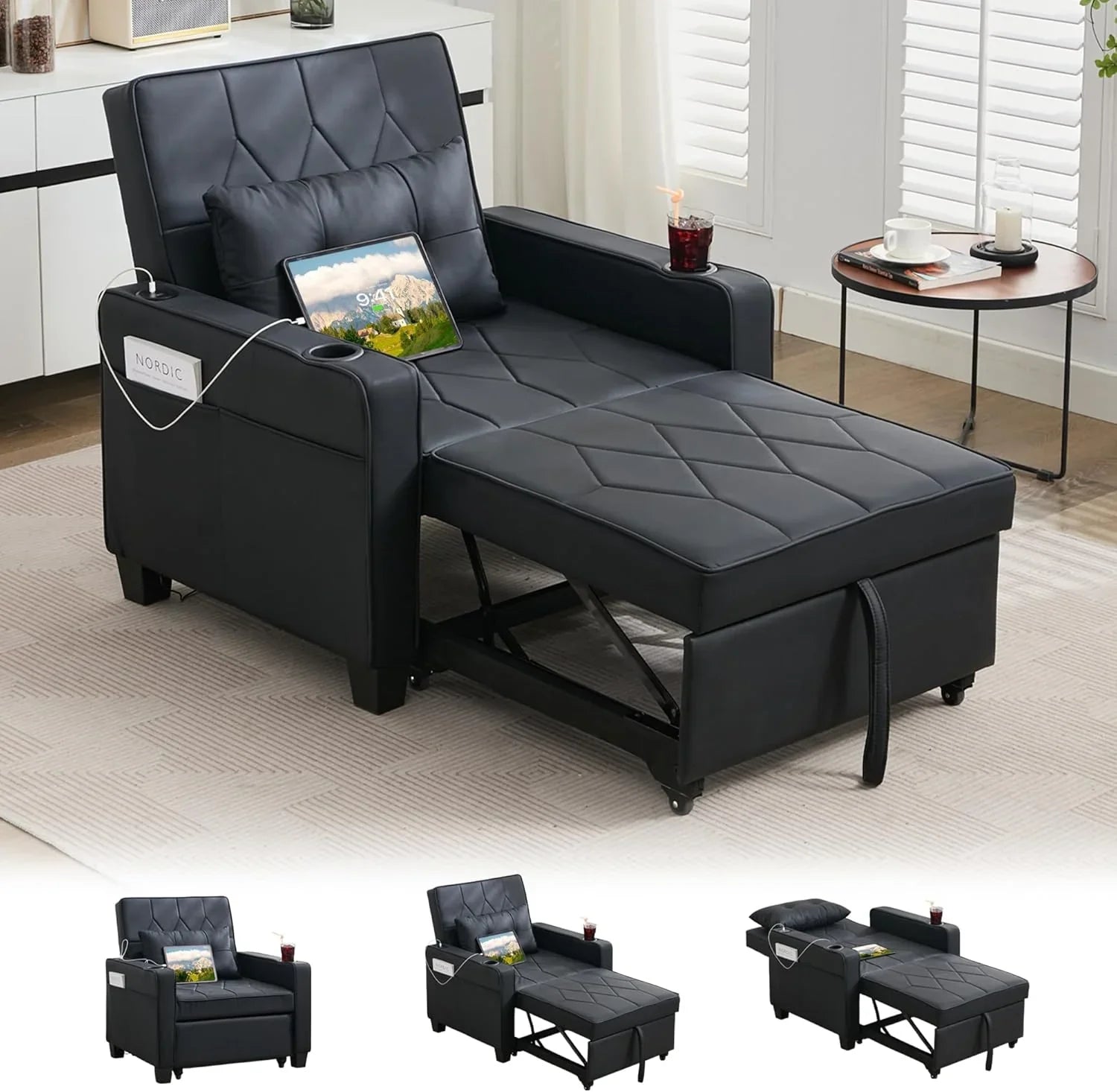 Fauteuil convertible pour adulte, canapé-lit gigogne 3 en 1 avec ports USB/Type-C, porte-gobelets, poches latérales, canapé simple