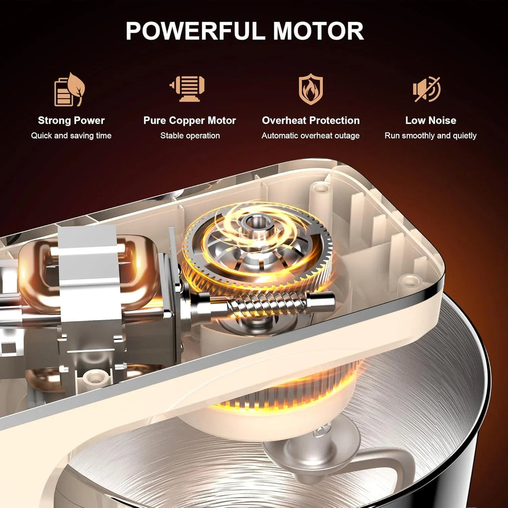 Batteur sur socle 10 vitesses avec protection anti-éclaboussures 8 en 1, tête inclinable, bol en acier inoxydable de 6 litres + crochet pétrisseur/fouet/mixeur/grattoir lavable au lave-vaisselle