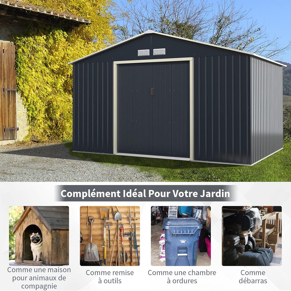 Abri de jardin en métal Costway + 1 kit d'extension avec 2 portes coulissantes verrouillables, 4 trous de ventilation, toit incliné pour vélo