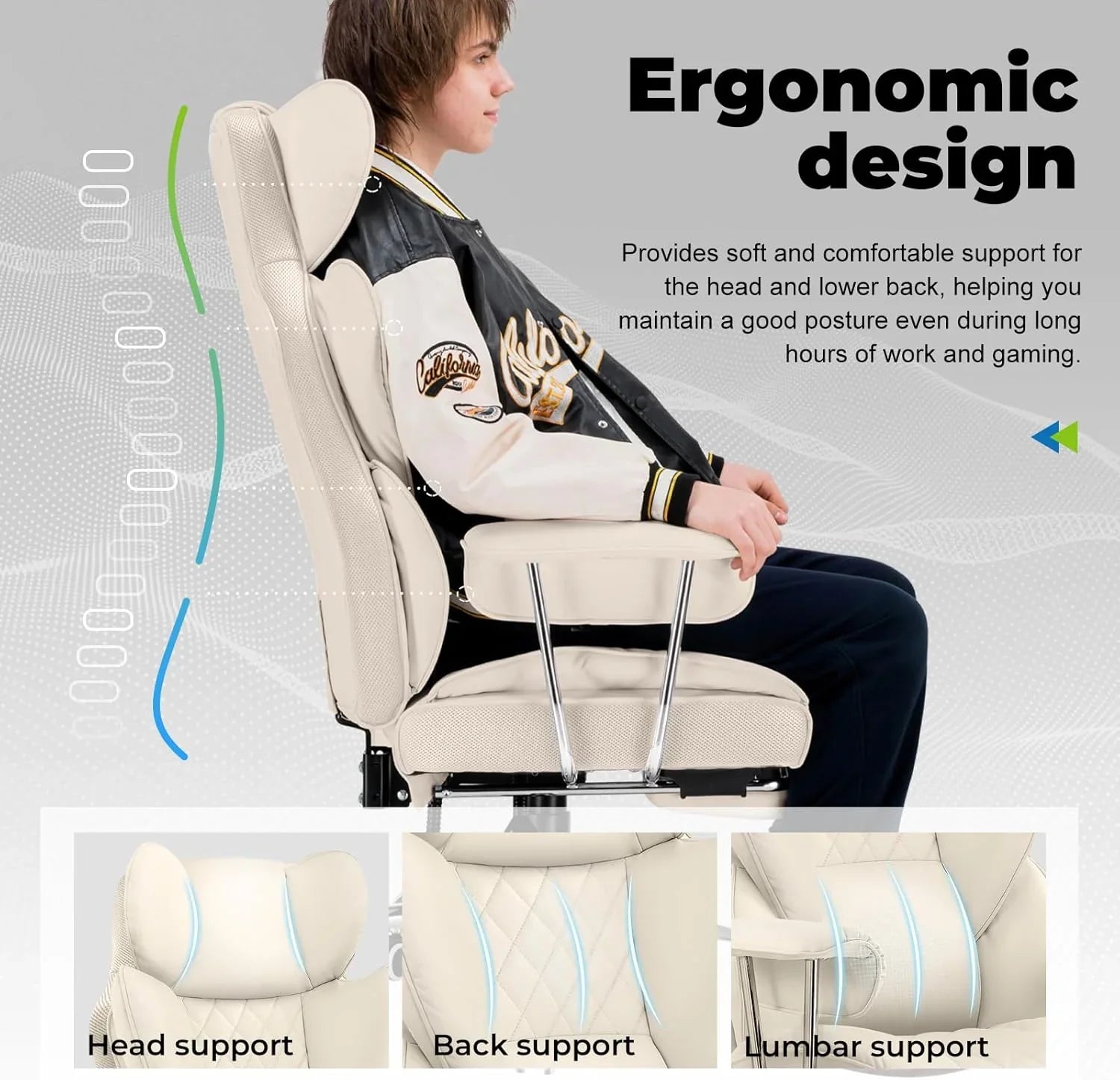 Grande chaise de bureau à dossier haut, chaise de jeu en cuir à dossier haut avec repose-pieds