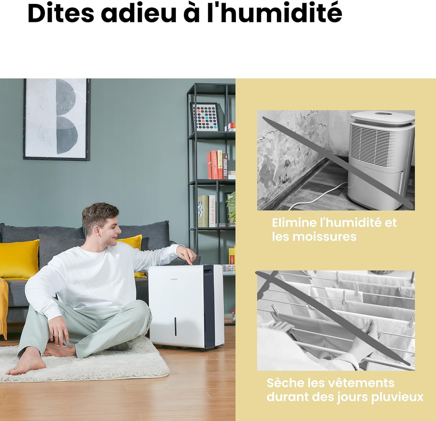 Déshumidificateur puissant COMFEE, absorbe jusqu'à 50 L/jour, sèche-linge, mode confort, grand réservoir de 6 L, minuterie 24 h, idéal pour les grandes pièces de 101 à 116 ㎡, MDDPE-50DEN7, cave, sous-sol