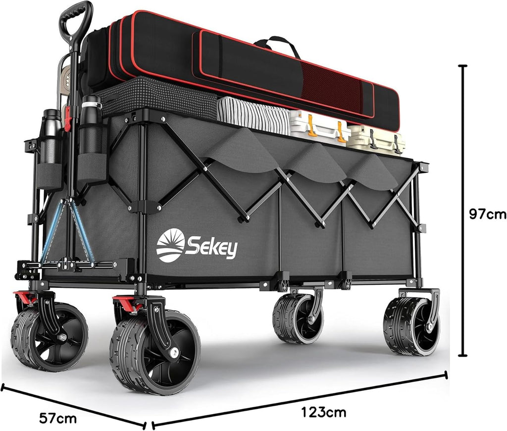 Sekey XXXL opvouwbare transporttrolley met remmen 300L 200 kg, strand- en tuintrolley met extra grote wielen 17 x 10 cm, gepatenteerd opvouwbaar in vier richtingen SE4013, diepzwart 