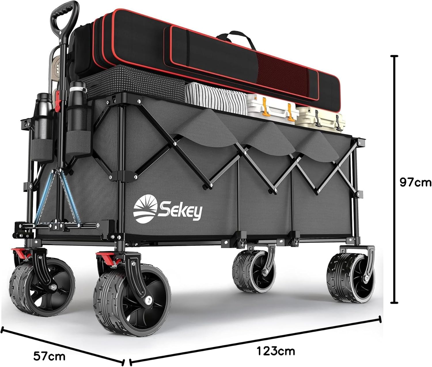 Sekey XXXL opvouwbare transporttrolley met remmen 300L 200 kg, strand- en tuintrolley met extra grote wielen 17 x 10 cm, gepatenteerd opvouwbaar in vier richtingen SE4013, diepzwart 