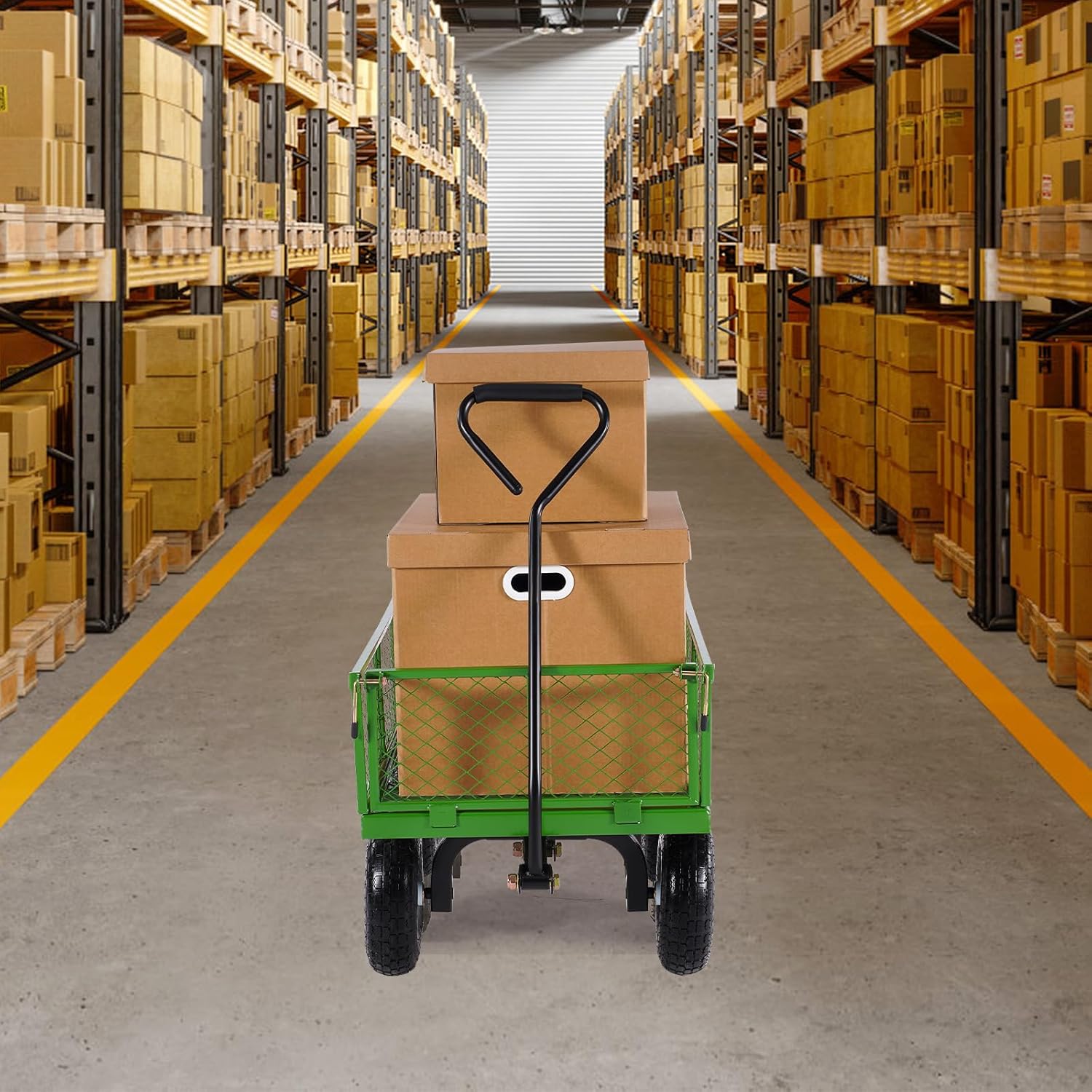 VEVOR Tuintransportwagen, draagvermogen 900 lb (ca. 408 kg), robuuste metalen transportwagen voor buiten met 254 mm banden, verstelbare en afneembare gaaswanden, 180° draaibare handgreep, geelzwart 