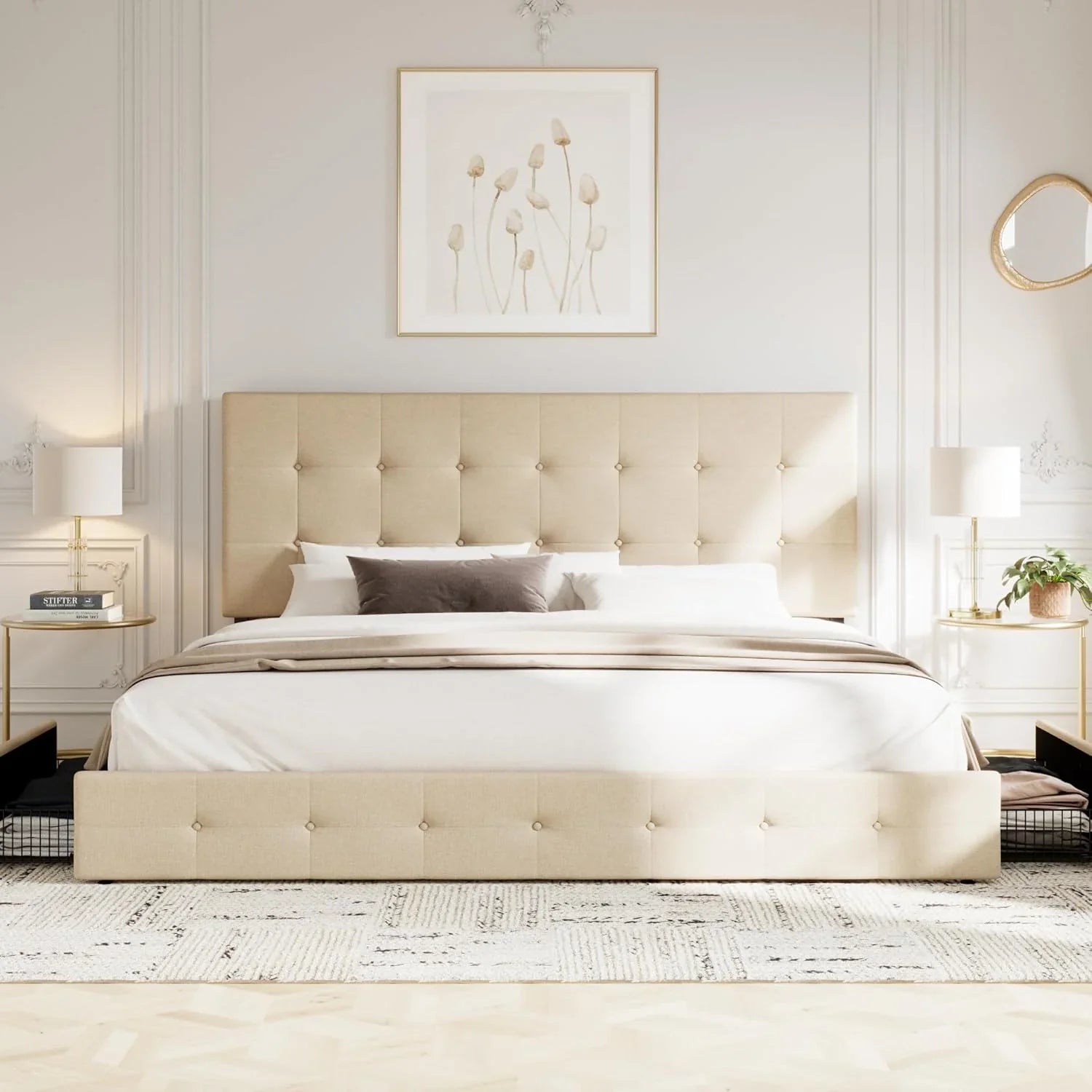 Cadre de lit plateforme Allewie rembourré Queen Size avec 4 tiroirs de rangement et tête de lit, capitonné à boutons à coutures carrées, sommier à lattes en bois, pas besoin de sommier.