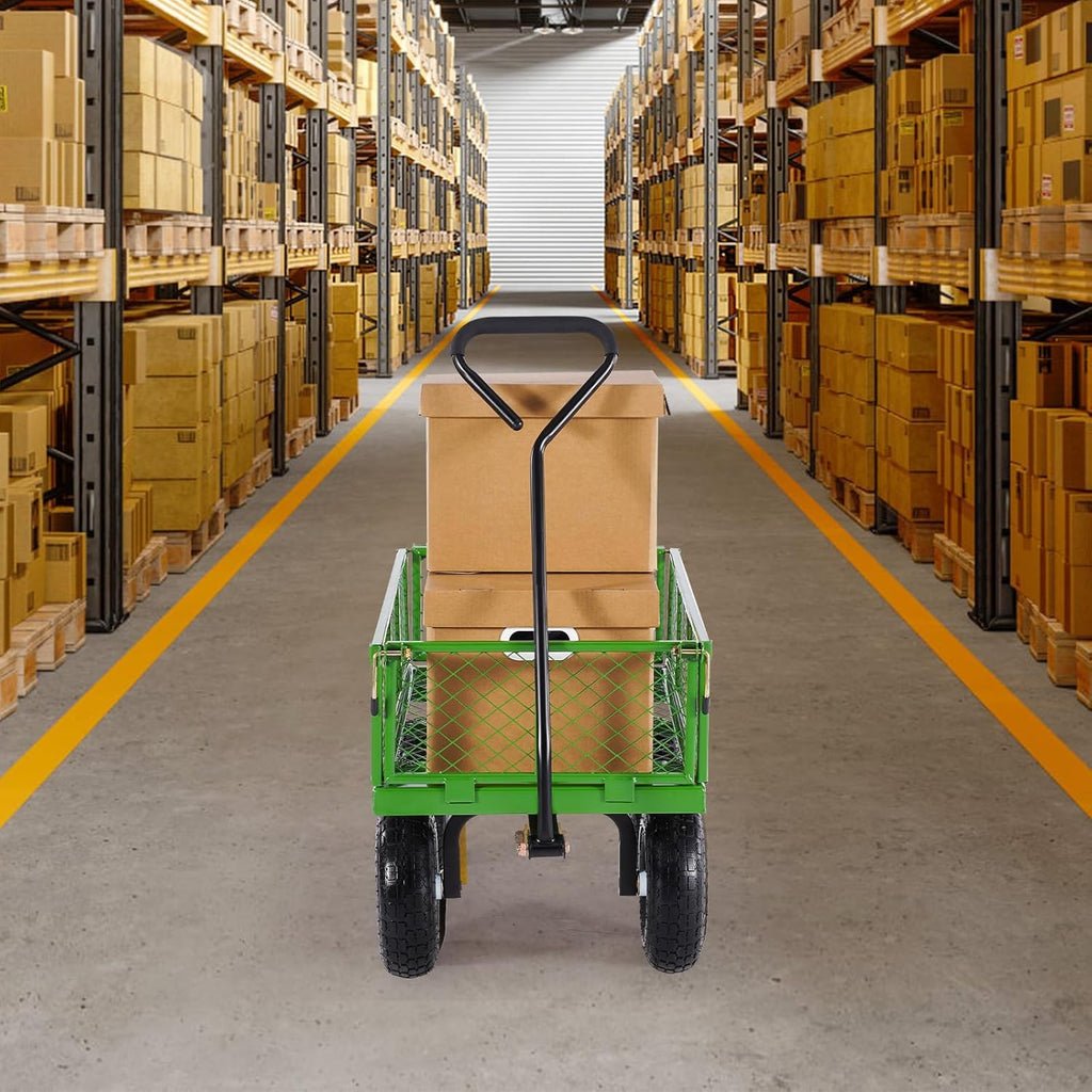 VEVOR Tuintransportwagen, draagvermogen 900 lb (ca. 408 kg), robuuste metalen transportwagen voor buiten met 254 mm banden, verstelbare en afneembare gaaswanden, 180° draaibare handgreep, geelzwart 