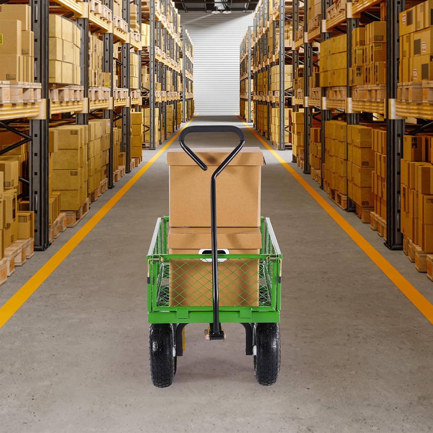 VEVOR Tuintransportwagen, draagvermogen 900 lb (ca. 408 kg), robuuste metalen transportwagen voor buiten met 254 mm banden, verstelbare en afneembare gaaswanden, 180° draaibare handgreep, geelzwart 