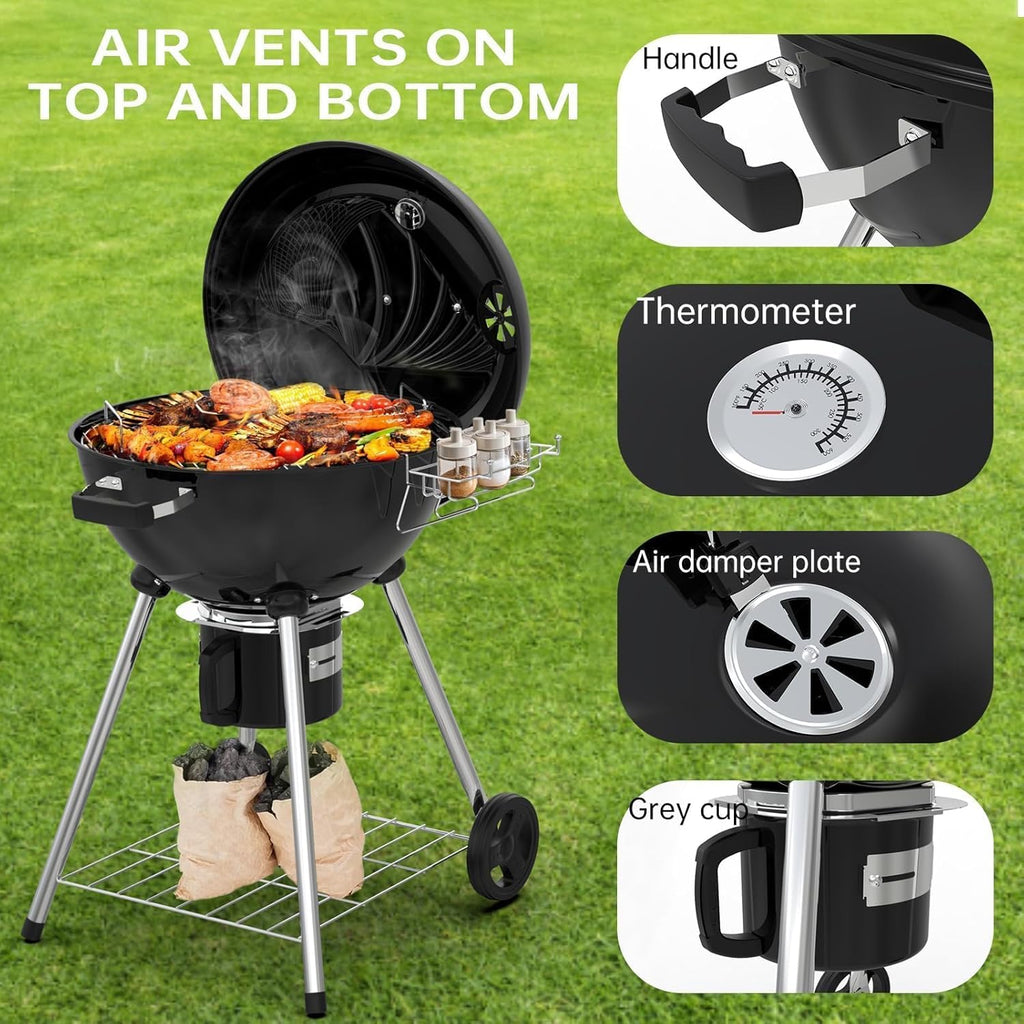 TEENO Houtskoolbarbecue, XXL kookrooster, anti-verbrandingshandschoenen, thermometer, aslade, verstelbare ventilatieopening, grote houtskoolbarbecue (basismodel) 