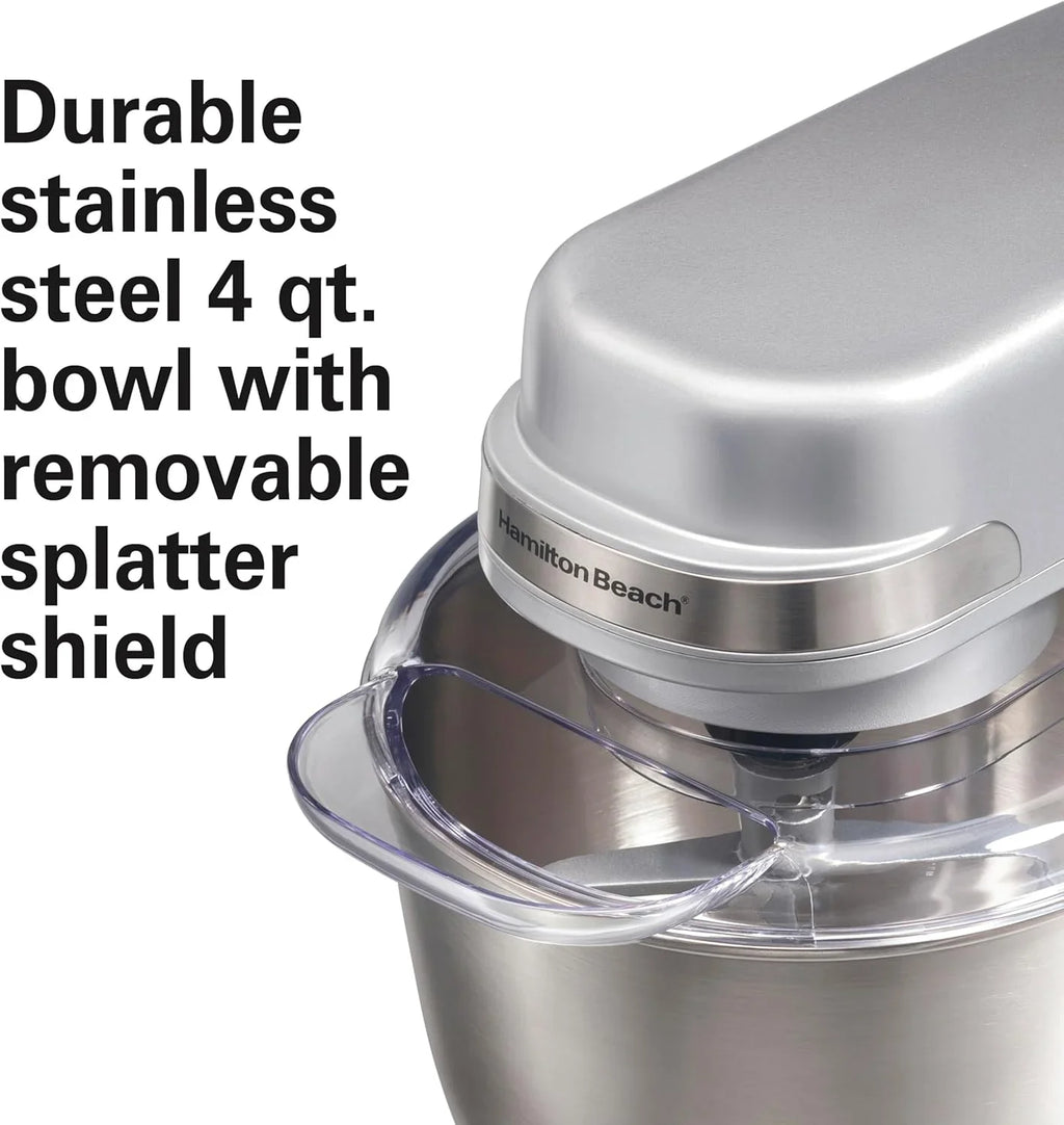 Batteur sur socle électrique Hamilton Beach, 4 litres, crochet pétrisseur, batteur plat, protection anti-éclaboussures, 7 vitesses avec fouet