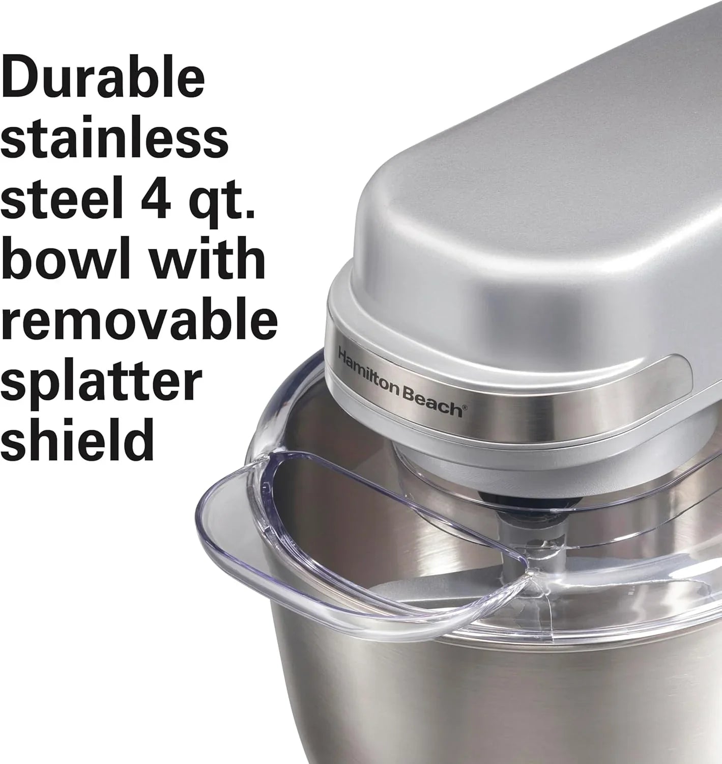 Batteur sur socle électrique Hamilton Beach, 4 litres, crochet pétrisseur, batteur plat, protection anti-éclaboussures, 7 vitesses avec fouet