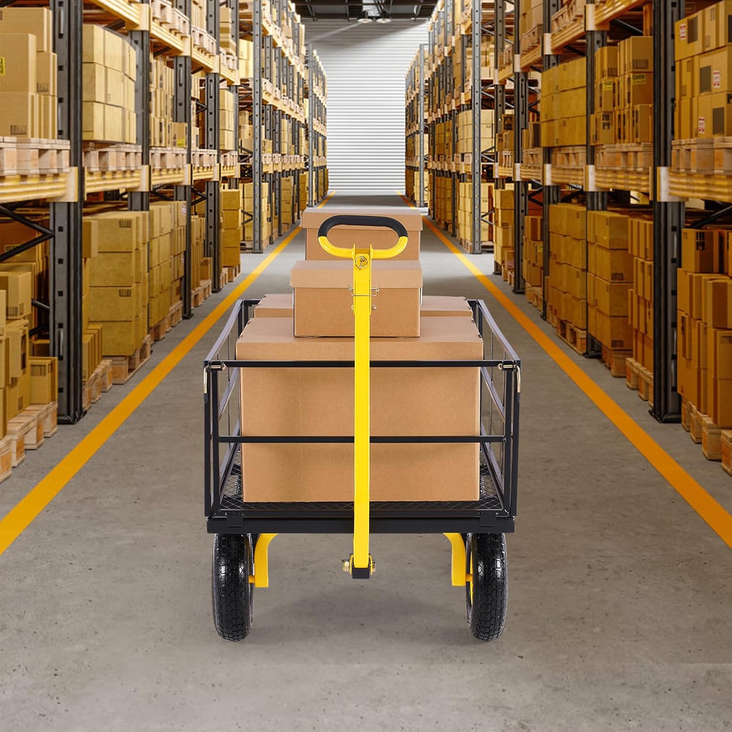 VEVOR Tuintransportwagen, draagvermogen 900 lb (ca. 408 kg), robuuste metalen transportwagen voor buiten met 254 mm banden, verstelbare en afneembare gaaswanden, 180° draaibare handgreep, geelzwart 