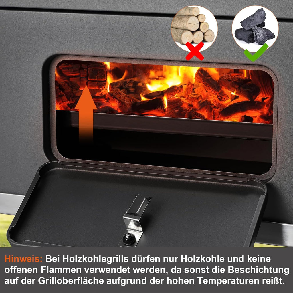 Barbecue Charbon de Bois, Chariot à Barbecue XXL, Grand Barbecue au Charbon de Bois, Grill à Charbon avec Couvercle, 2 Tables d'Appoint, Roues et Thermomètre, BBQ Fumoir, Barbecue de Jardin, Gris