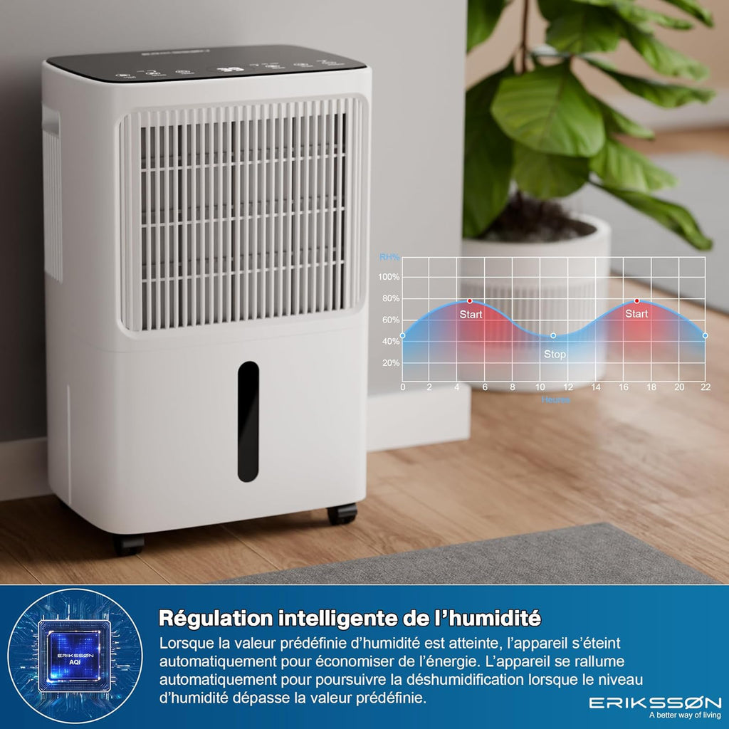 Déshumidificateur 16 litres/24 heures taille de la pièce : environ 140 m3 (70 m2), affichage LED, résistant à l'humidité  avec minuterie, économie d'énergie, avec capteur d'humidité (blanc)