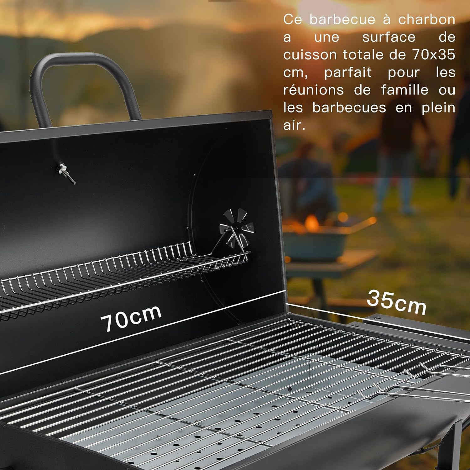 Barbecue au charbon de bois avec grille de cuisson XXL, gants anti-brûlures, thermomètre, tiroir à cendres, aérations réglables