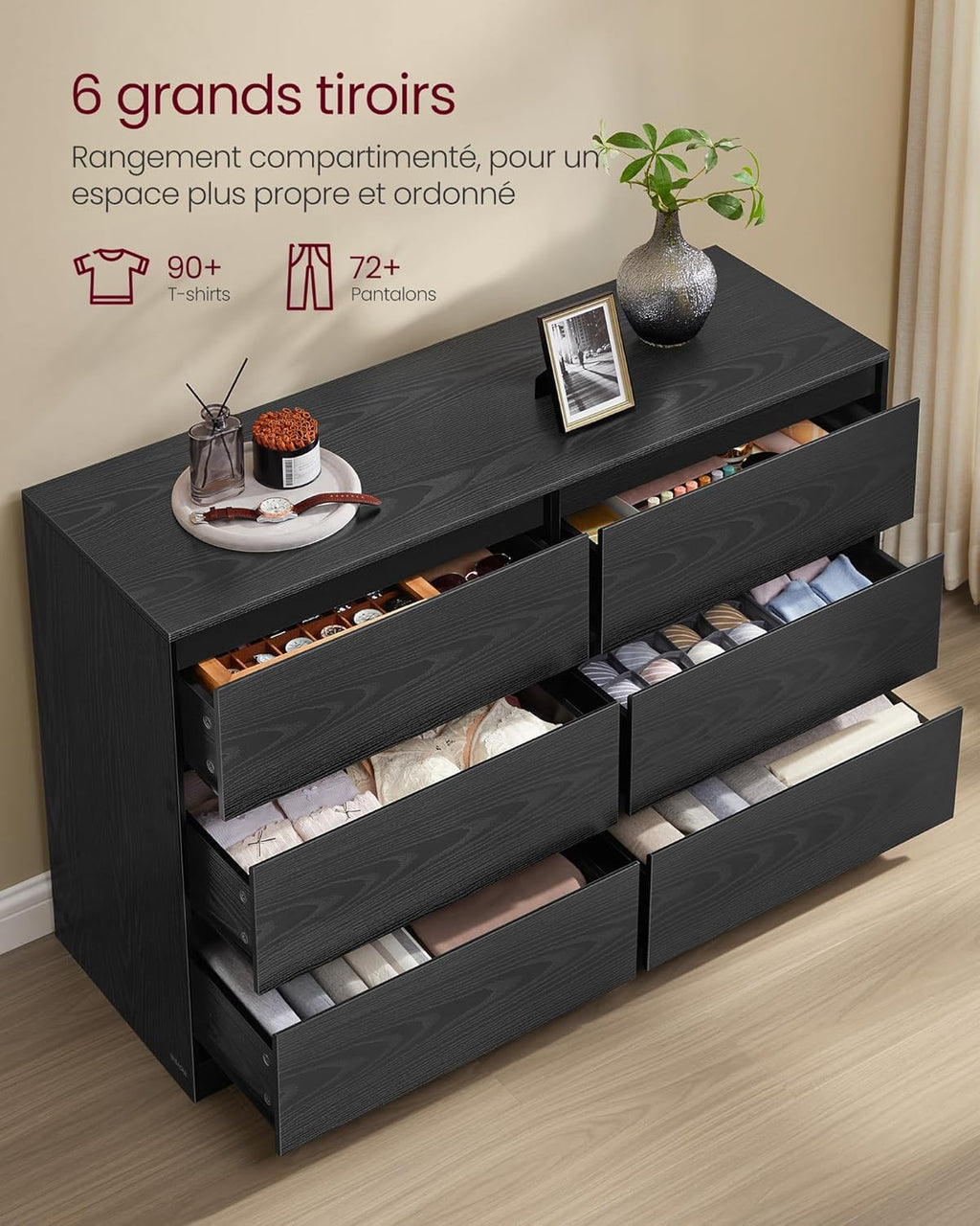 VASAGLE Kailyn Collectie - Slaapkamerkast met 6 lades, opbergkast, kleding, 40 x 119,5 x 75 cm, moderne stijl, sneeuwwit LTS616W01 