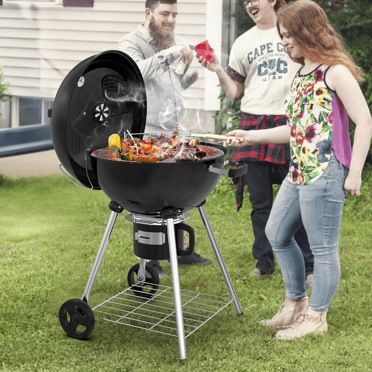 TEENO Houtskoolbarbecue, XXL kookrooster, anti-verbrandingshandschoenen, thermometer, aslade, verstelbare ventilatieopening, grote houtskoolbarbecue (basismodel) 