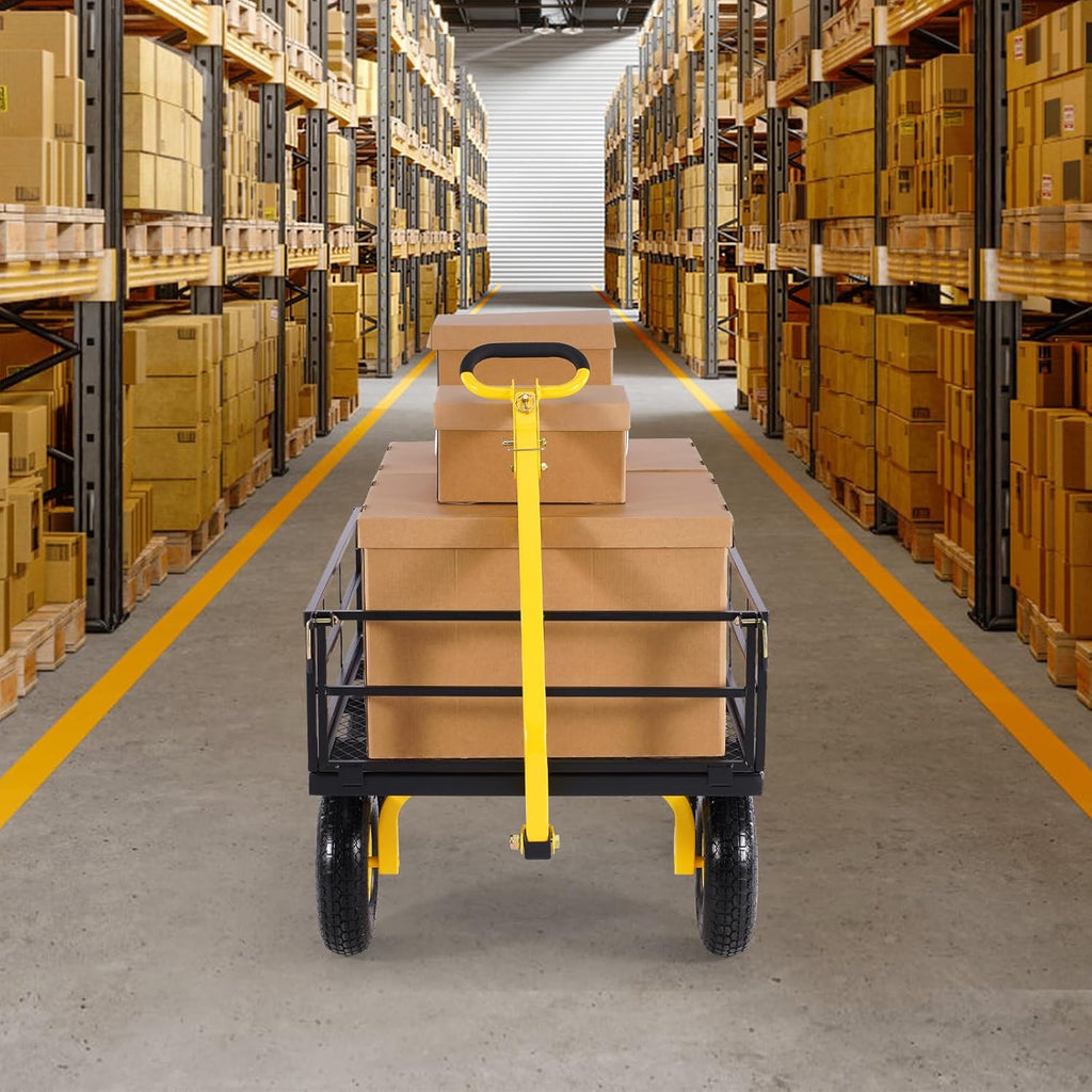 VEVOR Tuintransportwagen, draagvermogen 900 lb (ca. 408 kg), robuuste metalen transportwagen voor buiten met 254 mm banden, verstelbare en afneembare gaaswanden, 180° draaibare handgreep, geelzwart 
