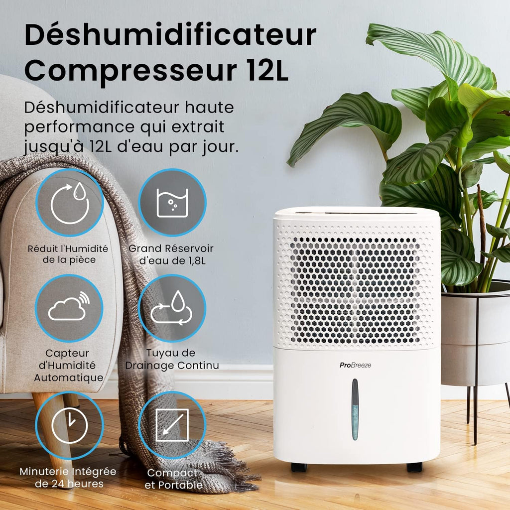 Déshumidificateur d'air silencieux 12L/jour - Absorbeur d'humidité - 40dB Réservoir d'eau de 1,8L Drainage continu Minuterie 24 heures 3 modes - Idéal pour prévenir l'humidité et la moisissure