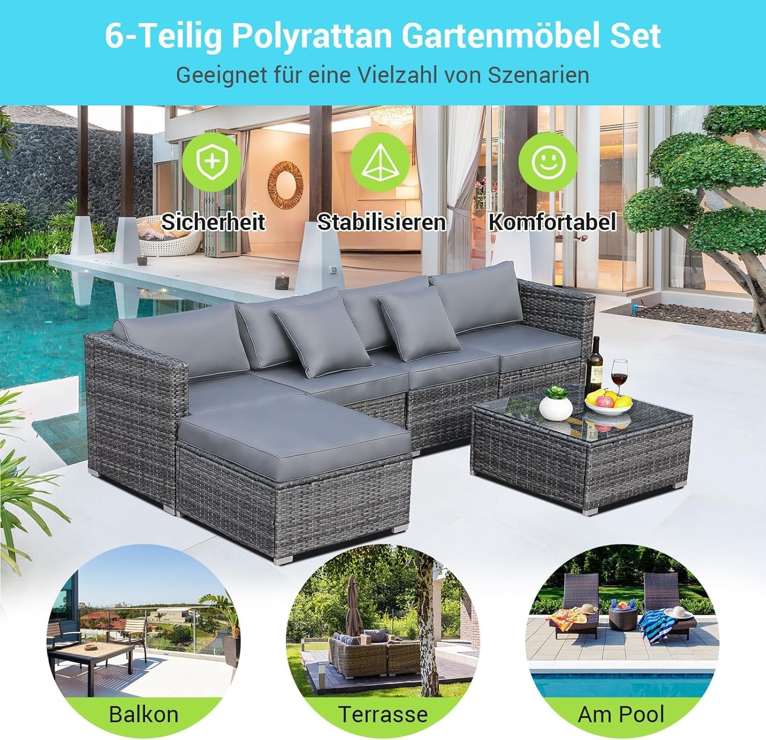 Ensemble de 6 meubles de jardin en rotin synthétique, canapés modulables pour 7 personnes, salon de jardin résistant aux intempéries avec 2 canapés d'angle, 2 fauteuils, 1 table basse avec plateau en verre