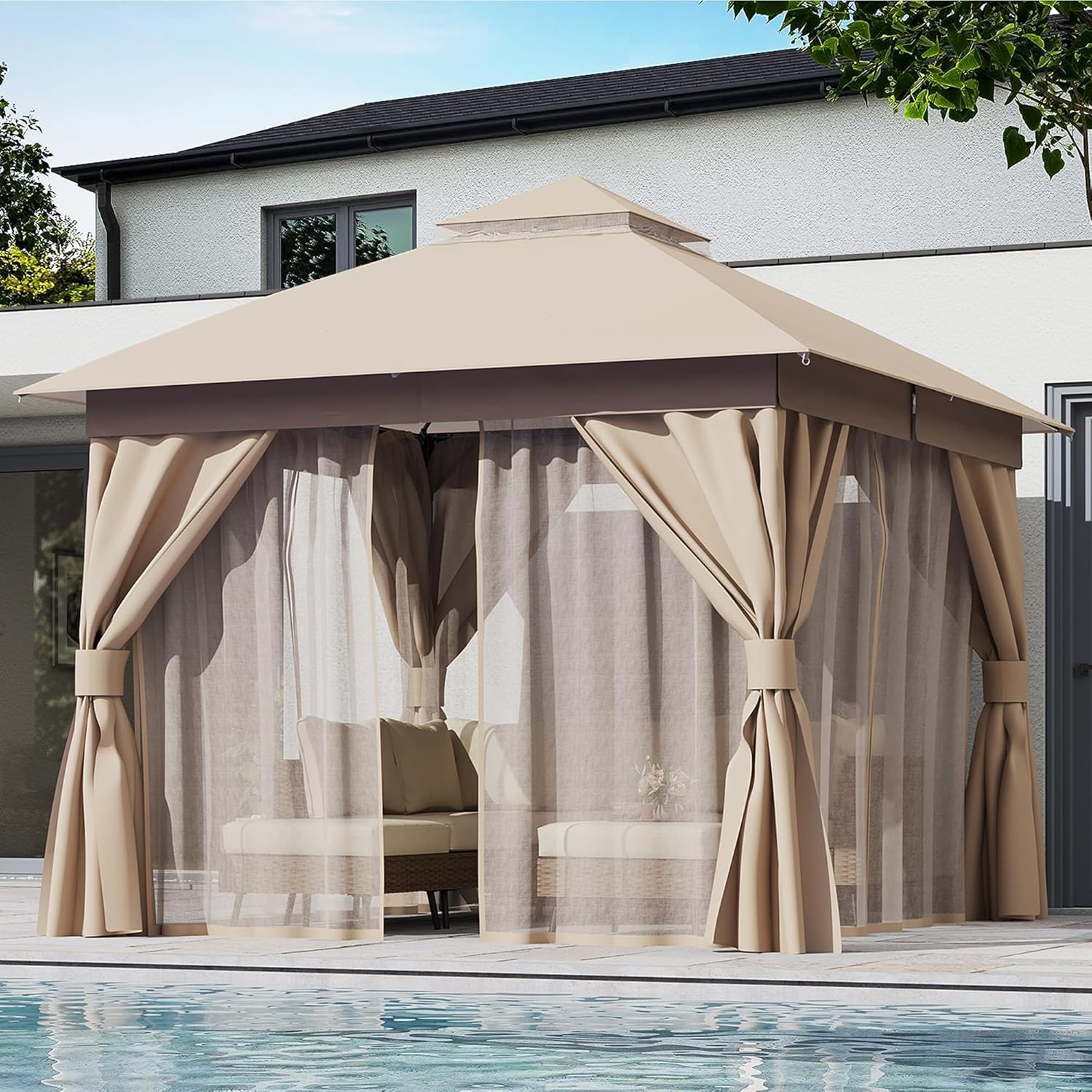 Tente pavillon d'extérieur améliorée à double toit, auvent imperméable UV50+ avec filet et crochets