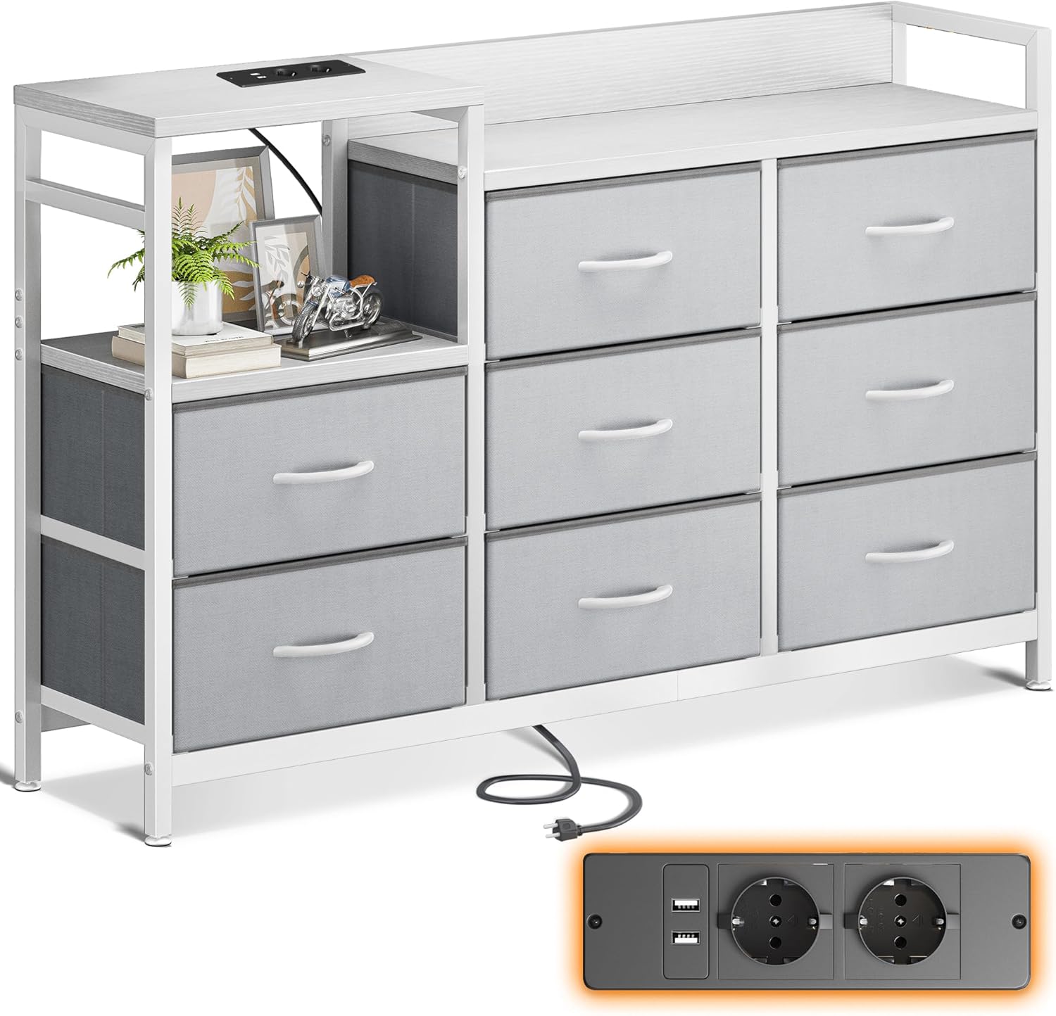 ODK Slaapkamerkast met 2 USB-poorten en 2 stopcontacten, multifunctionele ladekast voor slaapkamer en woonkamer – Stabiel en duurzaam dressoir, 132 x 30 x 88 cm, Vintage en zwart 