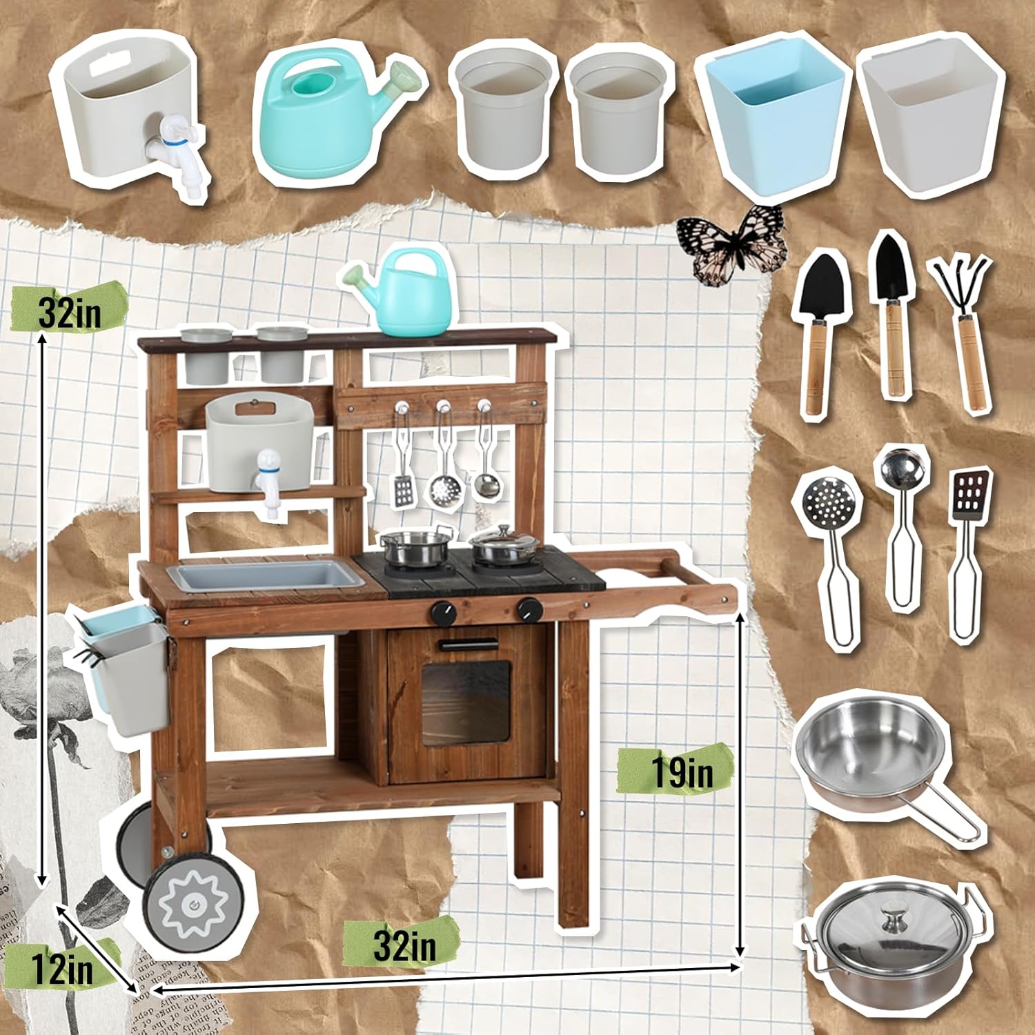 Jeux de plein air Cuisine Jardin Jeux Cuisine Boue Cuisine Enfants Extérieur avec Roues, Bouilloire, Évier, Bac à Plantes en Bois, Cuisine Enfants