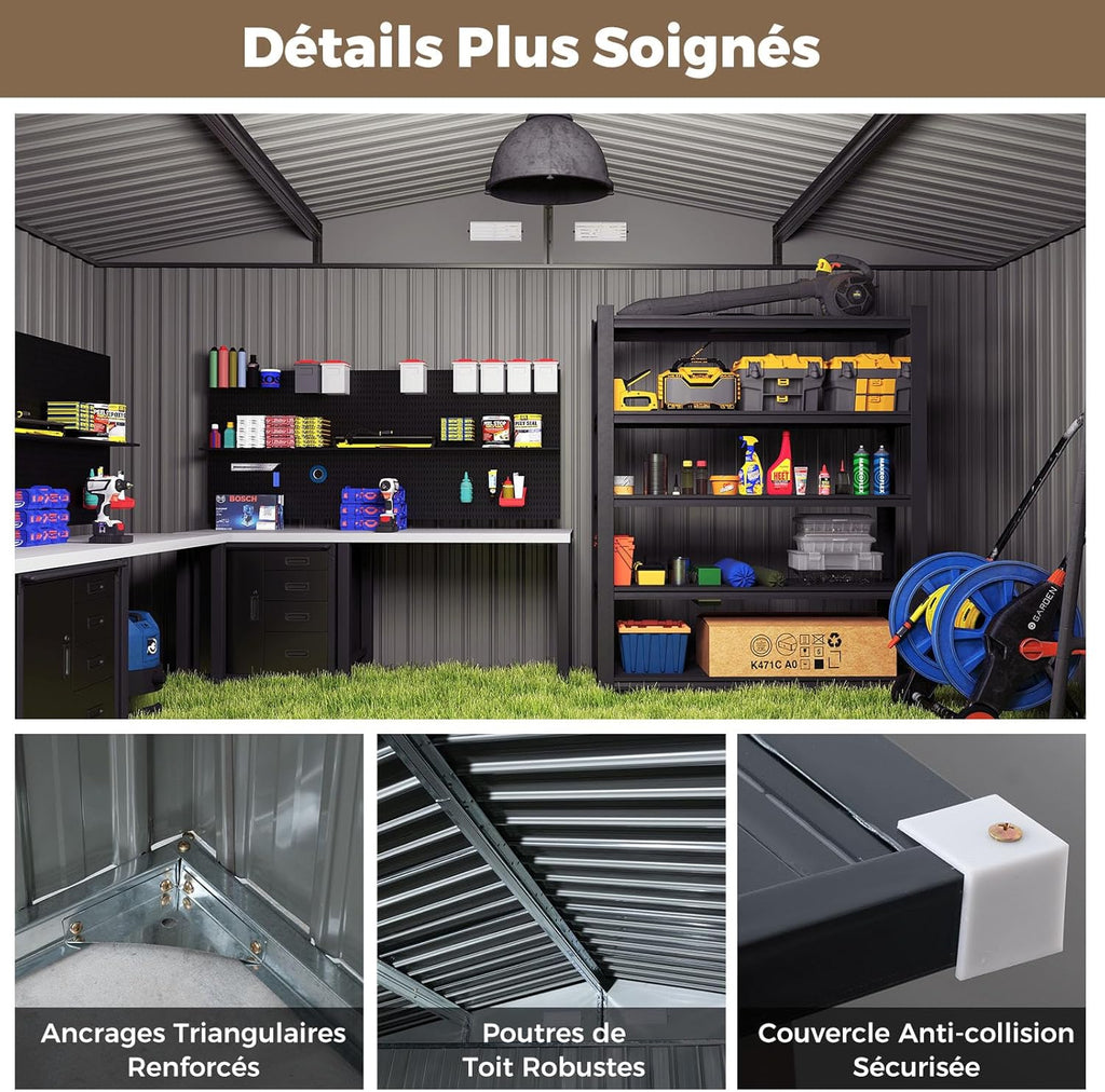 Abri de jardin en métal Costway, 7,8 m², toit à double pente, porte double verrouillable avec clé, 4 aérations, abri de jardin extérieur pour vélo, poubelle, outils, anthracite (7,8 m²)