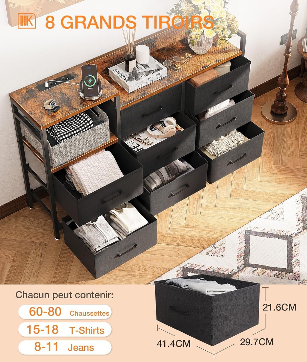 ODK Slaapkamerkast met 2 USB-poorten en 2 stopcontacten, multifunctionele ladekast voor slaapkamer en woonkamer – Stabiel en duurzaam dressoir, 132 x 30 x 88 cm, Vintage en zwart 