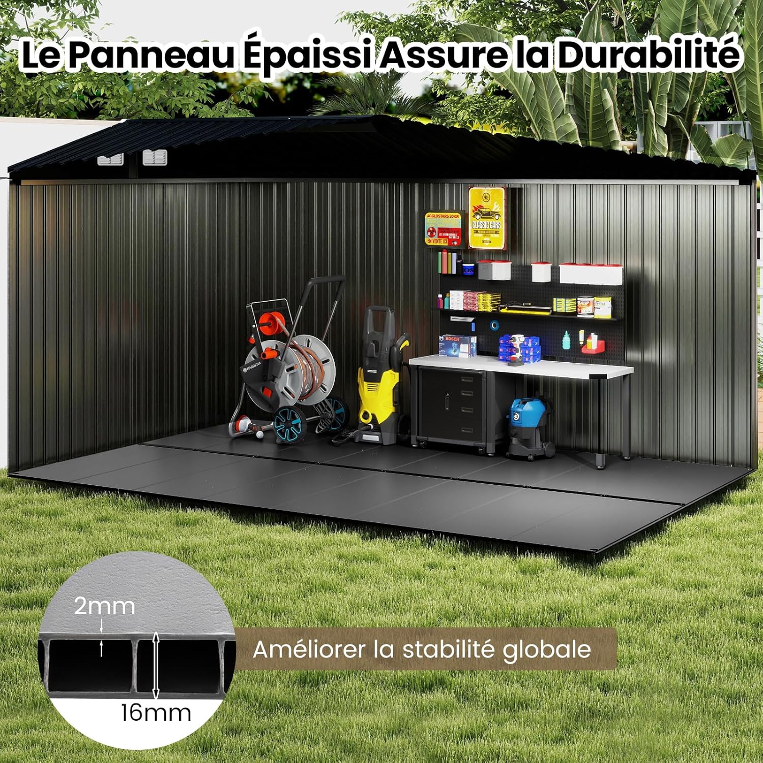 Abri de jardin en métal Costway, 7,8 m², toit à double pente, porte double verrouillable avec clé, 4 aérations, abri de jardin extérieur pour vélo, poubelle, outils, anthracite (7,8 m²)