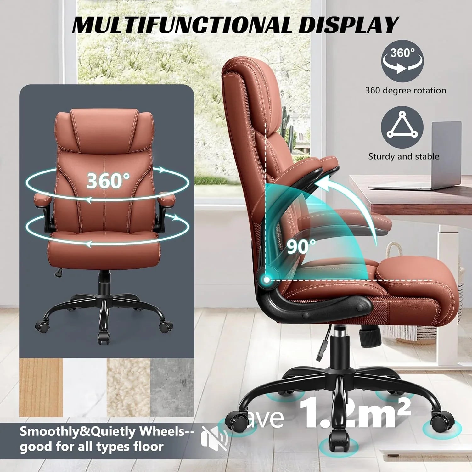 Chaise de bureau pivotante à pieds hauts, en cuir respirant, avec support lombaire