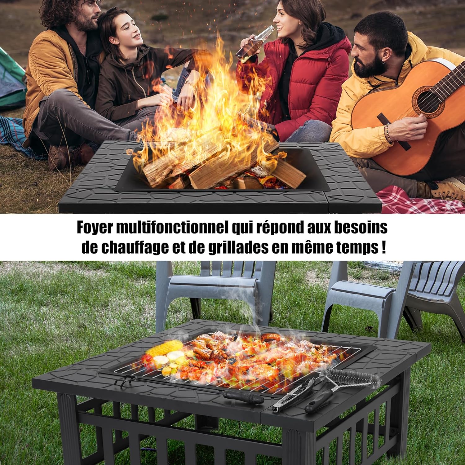 LIFERUN 32" BBQ-vuurkorf voor buiten, tuinvuurkorf, terrashaard met grill, inclusief pook, vonkenvanger, koolstofgaas, grillklemmen, borstel en 4 voetjes. 