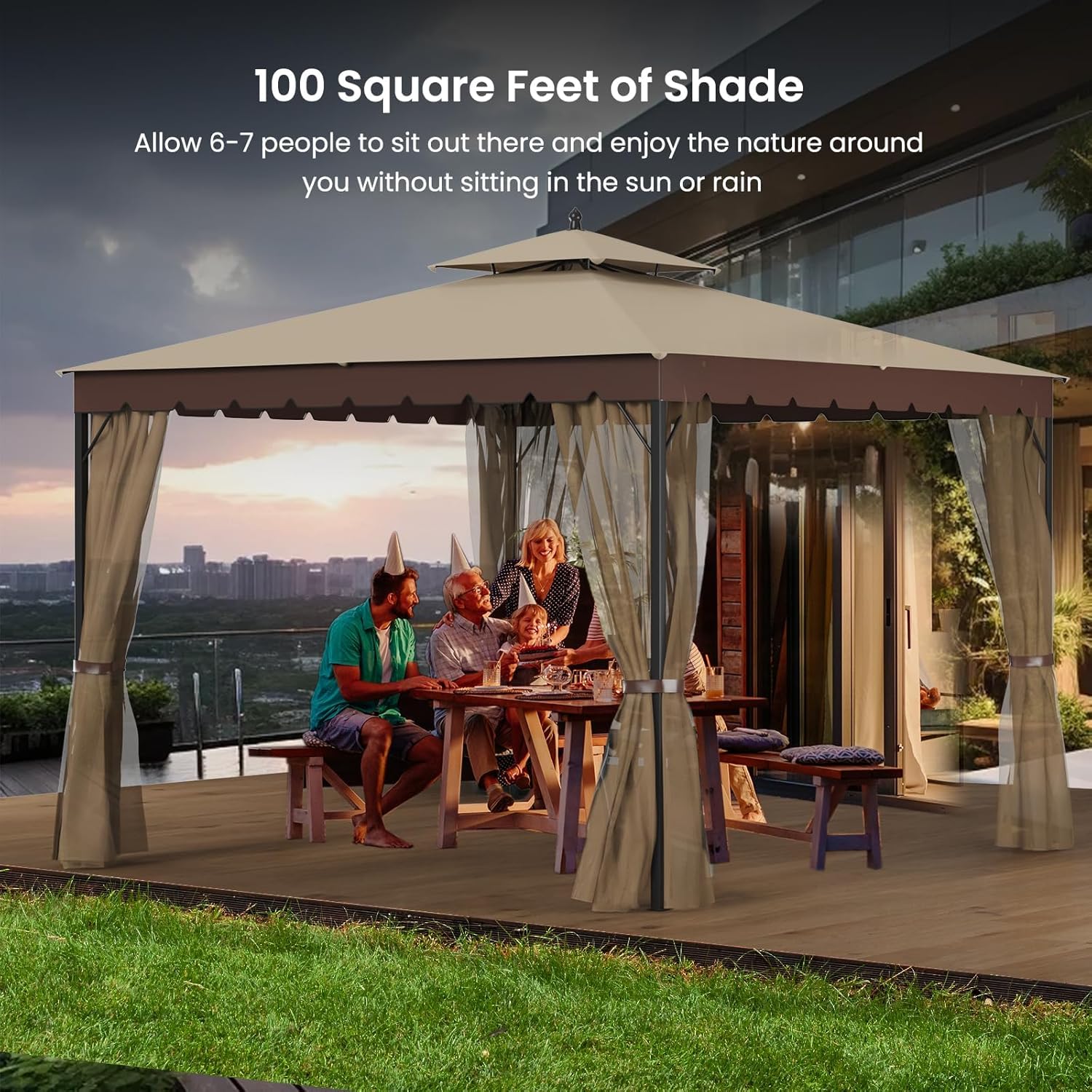 Tonnelle 10x12 avec écran, tonnelle d'extérieur en métal robuste, tente à auvent à cadre robuste avec double toit gonflable, tonnelle de patio coupe-vent et imperméable