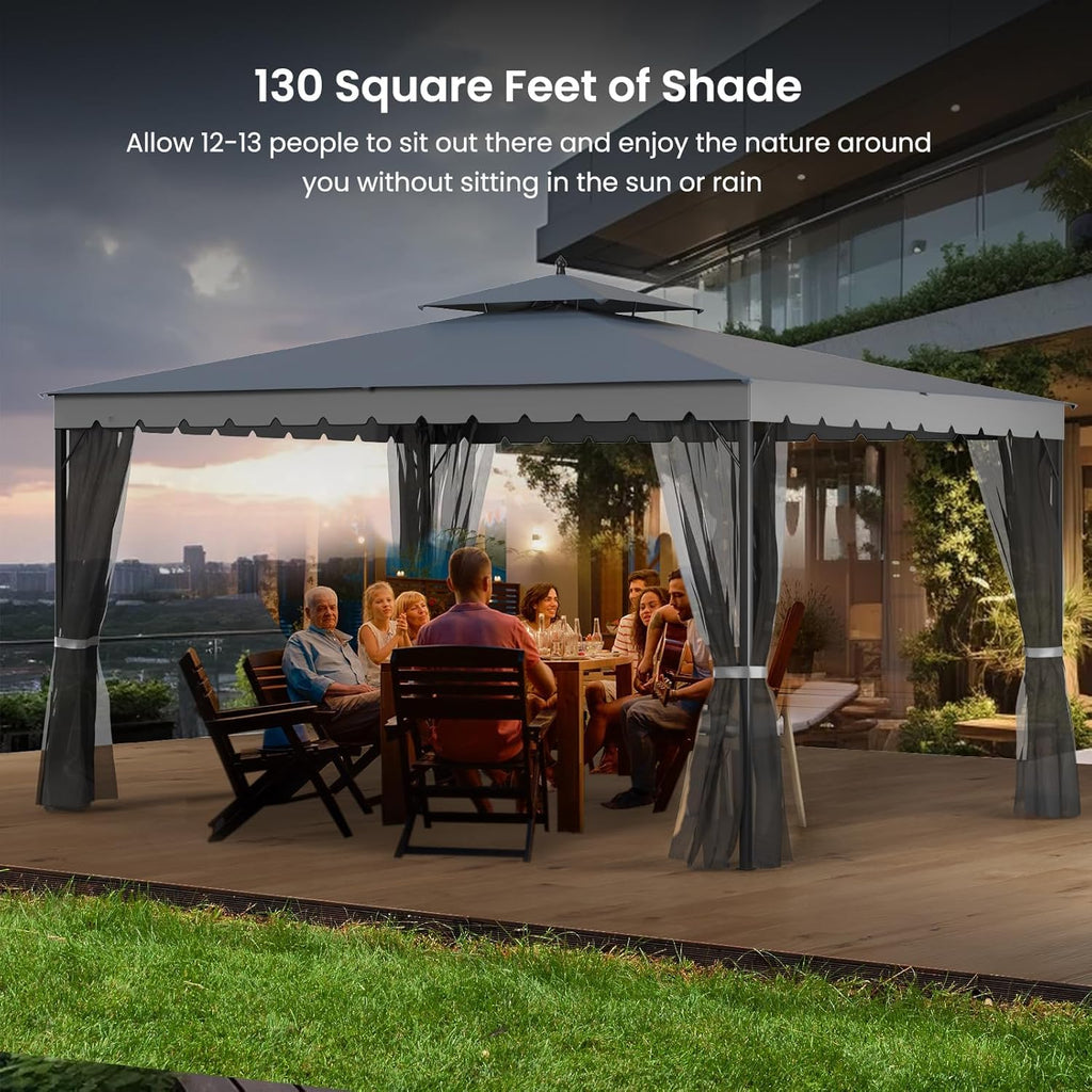 Tonnelle 10x12 avec écran, tonnelle d'extérieur en métal robuste, tente à auvent à cadre robuste avec double toit gonflable, tonnelle de patio coupe-vent et imperméable