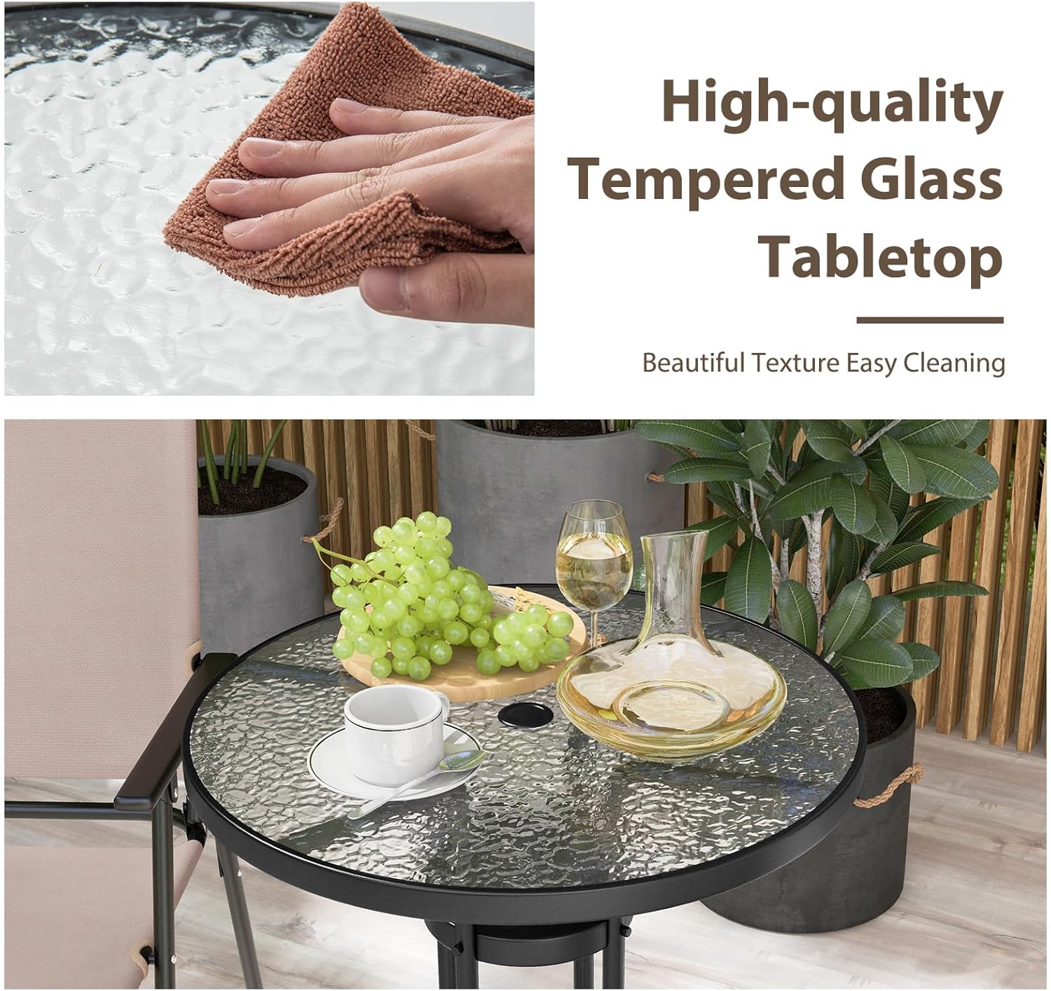 Ensemble bistrot KOMFOTTEU, salon de jardin avec parasol, table avec trou pour parasol, 2 chaises pliantes, ensemble table et chaises de patio, mobilier d'extérieur pour balcon