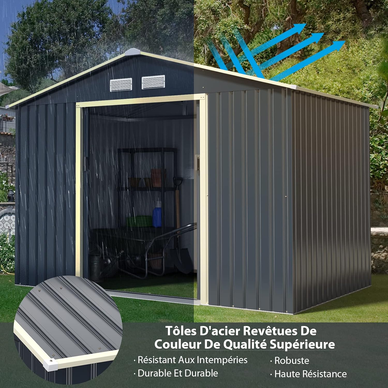 Abri de jardin en métal Costway + 1 kit d'extension avec 2 portes coulissantes verrouillables, 4 trous de ventilation, toit incliné pour vélo