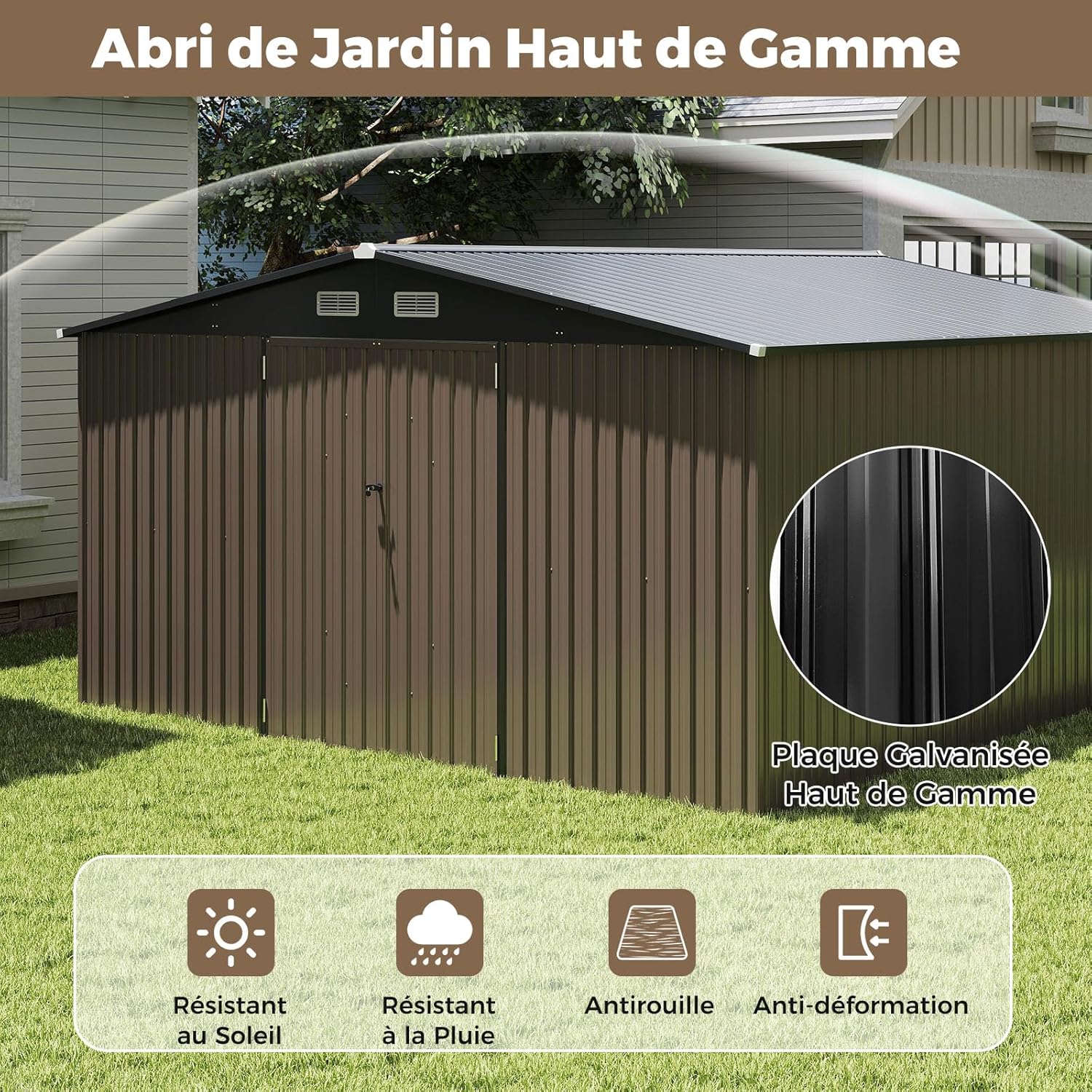 RELAX4LIFE Abri de Jardin en Métal 350x223x197cm, Cabane de Stockage 15m3 8m2 avec 2 Portes, Toit Incliné, Fenêtre de Ventilation pour Vélo Tondeuse, Organisateur Extérieur pour Jardin Patio (15m³)