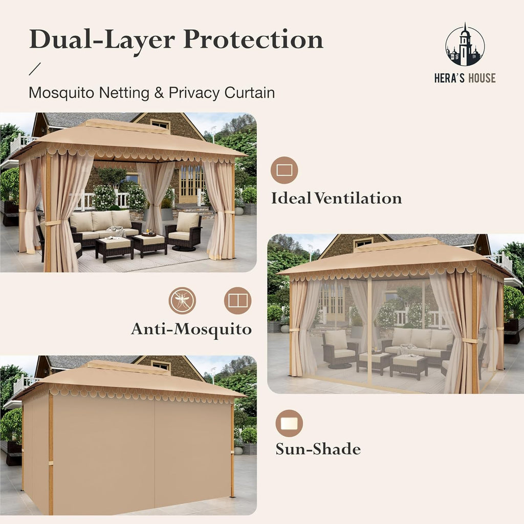 Gazebo 10 x 13, gazebo extérieur abrité, tente à auvent en métal robuste avec double toit et moustiquaire