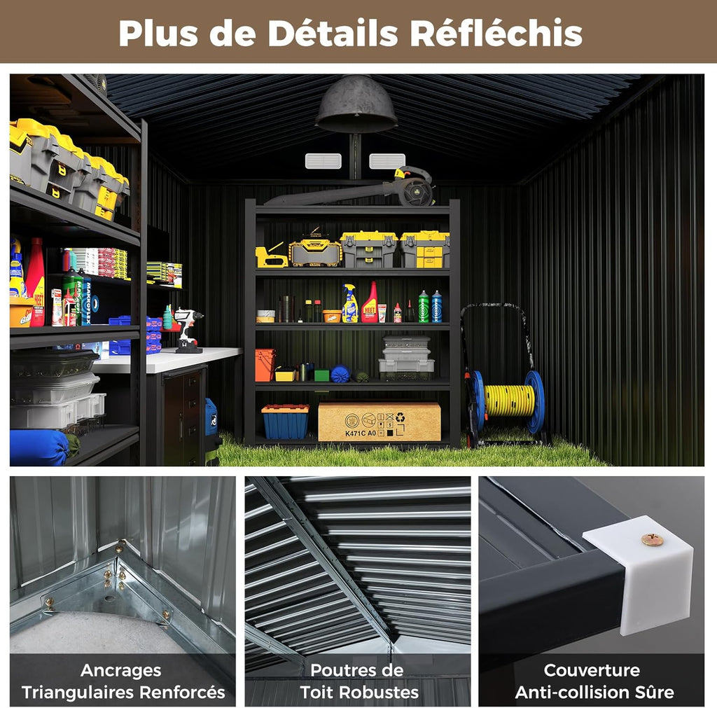 Abri de jardin en métal Costway, 7,8 m², toit à double pente, porte double verrouillable avec clé, 4 aérations, abri de jardin extérieur pour vélo, poubelle, outils, anthracite (7,8 m²)