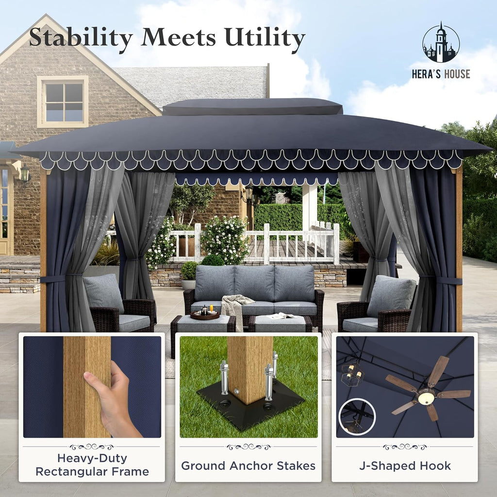 Gazebo 10 x 13, gazebo extérieur abrité, tente à auvent en métal robuste avec double toit et moustiquaire