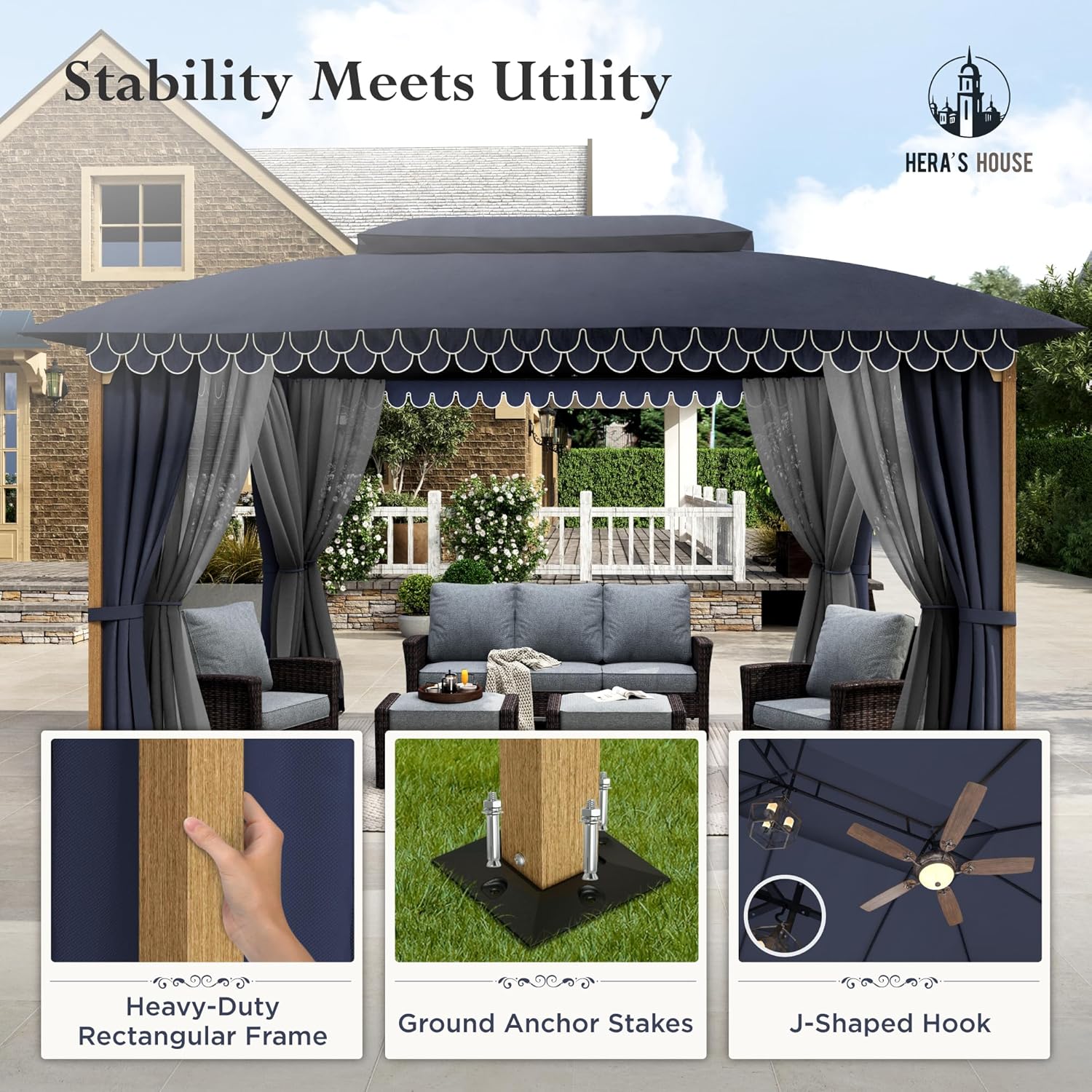 Gazebo 10 x 13, gazebo extérieur abrité, tente à auvent en métal robuste avec double toit et moustiquaire