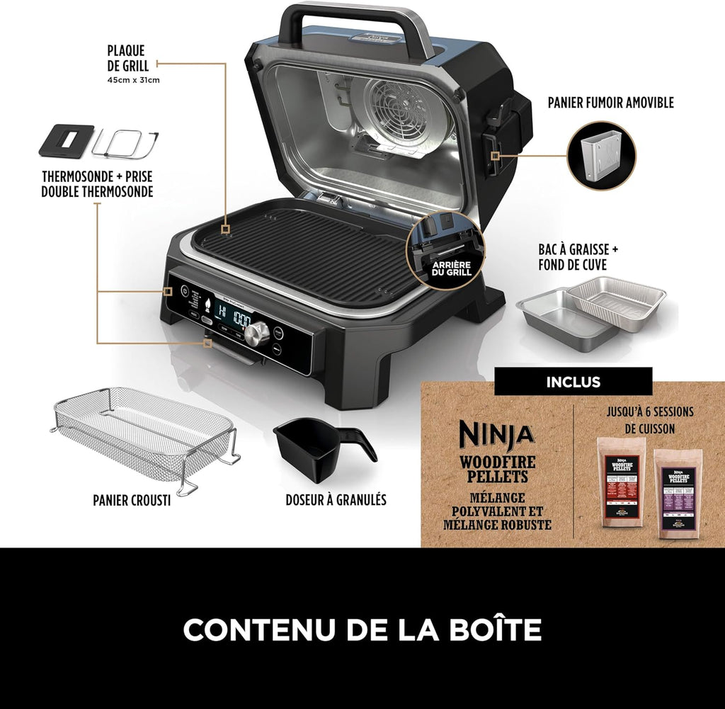 Barbecue et fumoir électrique Ninja Woodfire Pro Connect XL avec contrôle d'application, 2 sondes, grille, couvercle, doublures et brosse, gril et friteuse sans huile 7 en 1