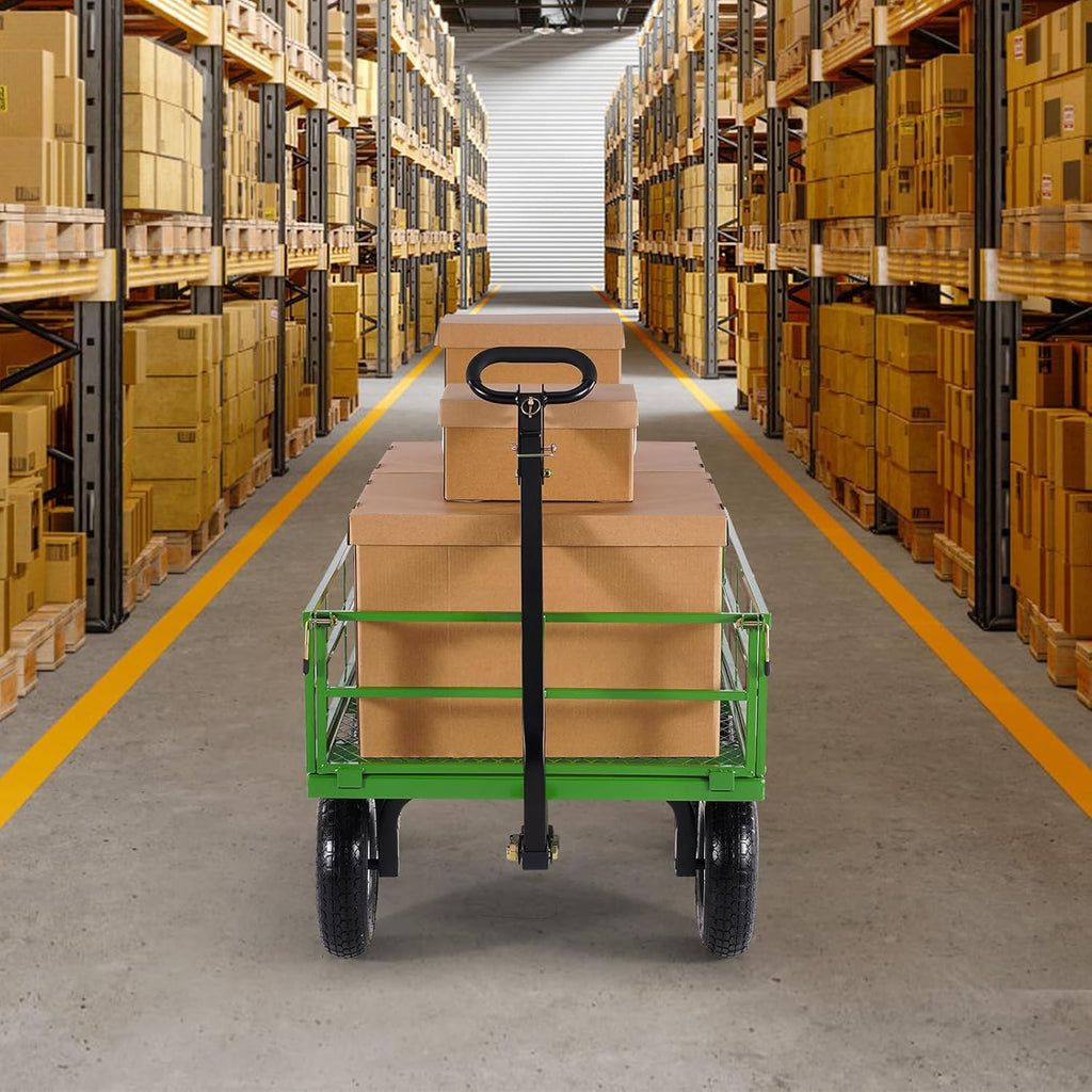 VEVOR Tuintransportwagen, draagvermogen 900 lb (ca. 408 kg), robuuste metalen transportwagen voor buiten met 254 mm banden, verstelbare en afneembare gaaswanden, 180° draaibare handgreep, geelzwart 