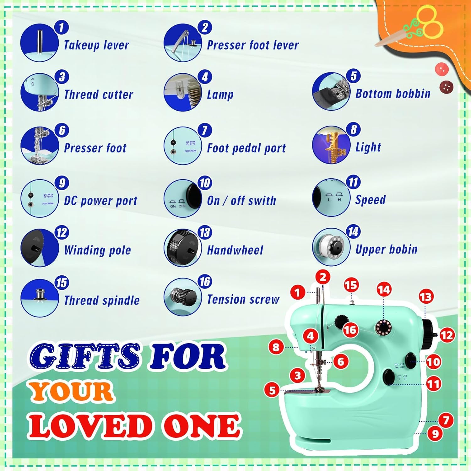 Machine à coudre, mini machine à coudre pour débutants Machine à coudre portable à deux vitesses avec table d'extension Meilleurs cadeaux pour enfants et femmes
