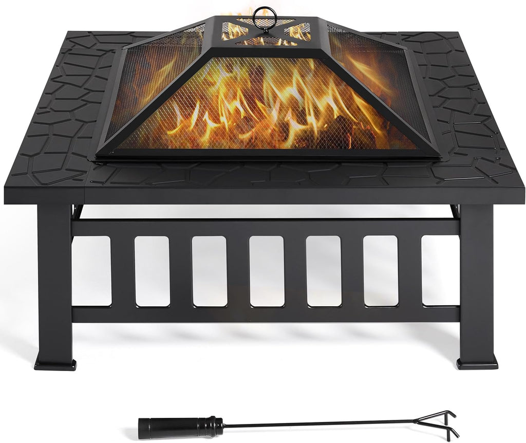 Yaheetech Outdoor 3-in-1 Vierkante Multifunctionele Vuurkorf 81 x 81 x 50 cm voor Terras, Balkon, Houtkachels met Pokergaasafdekking Zwart 