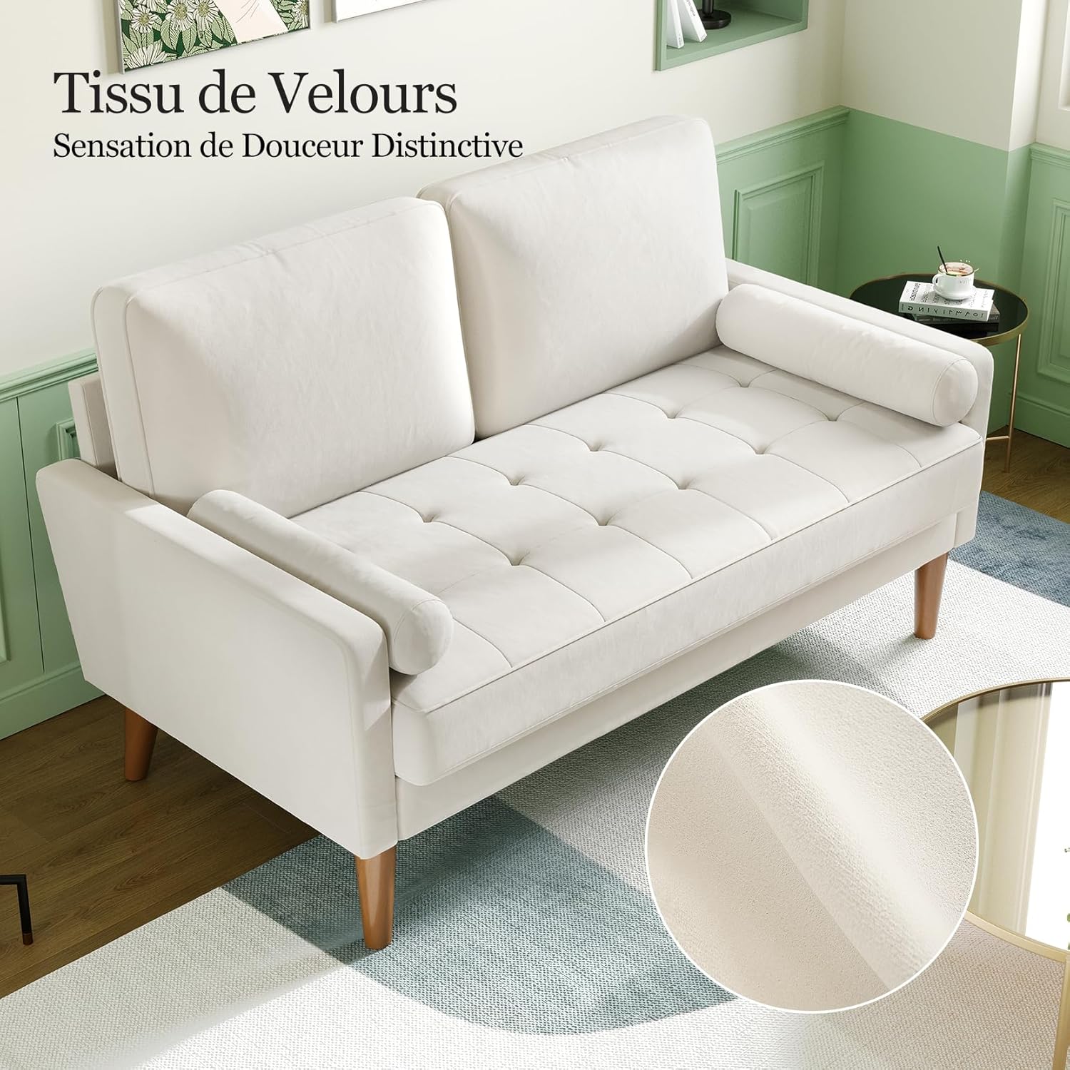 Vesgantti Kleine Grijze 2-zitsbank, Fluweelbank 121 cm met verende kussens, Mini-slaapkamerbank met armleuningen, Moderne woonkamerbank, Vaste 2-zitsbank, Grijze bank 