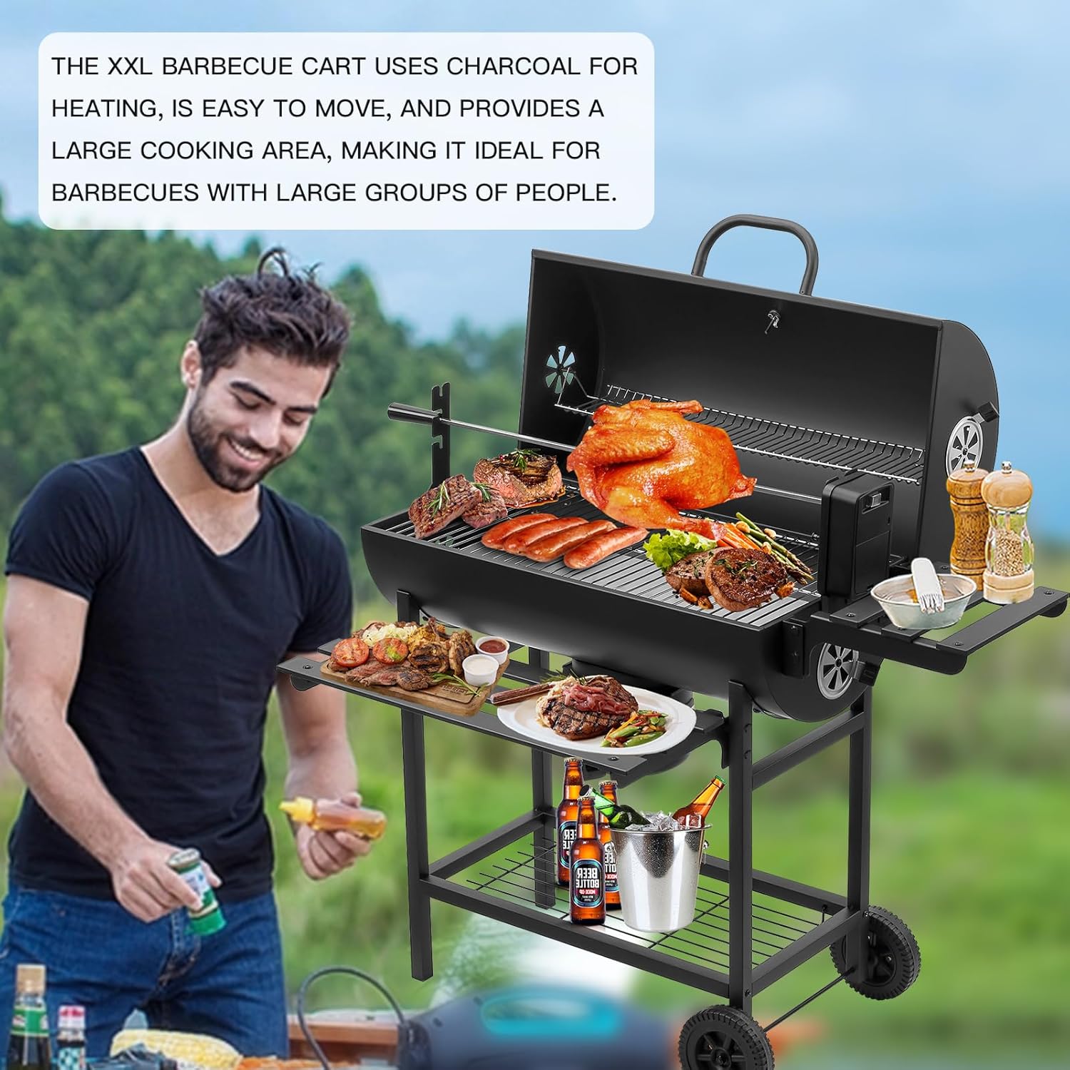 TEENO Houtskoolbarbecue, XXL kookrooster, anti-verbrandingshandschoenen, thermometer, aslade, verstelbare ventilatieopening, grote houtskoolbarbecue (basismodel) 