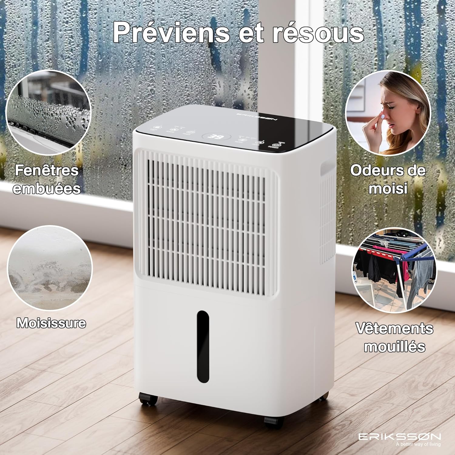 Déshumidificateur 16 litres/24 heures taille de la pièce : environ 140 m3 (70 m2), affichage LED, résistant à l'humidité  avec minuterie, économie d'énergie, avec capteur d'humidité (blanc)