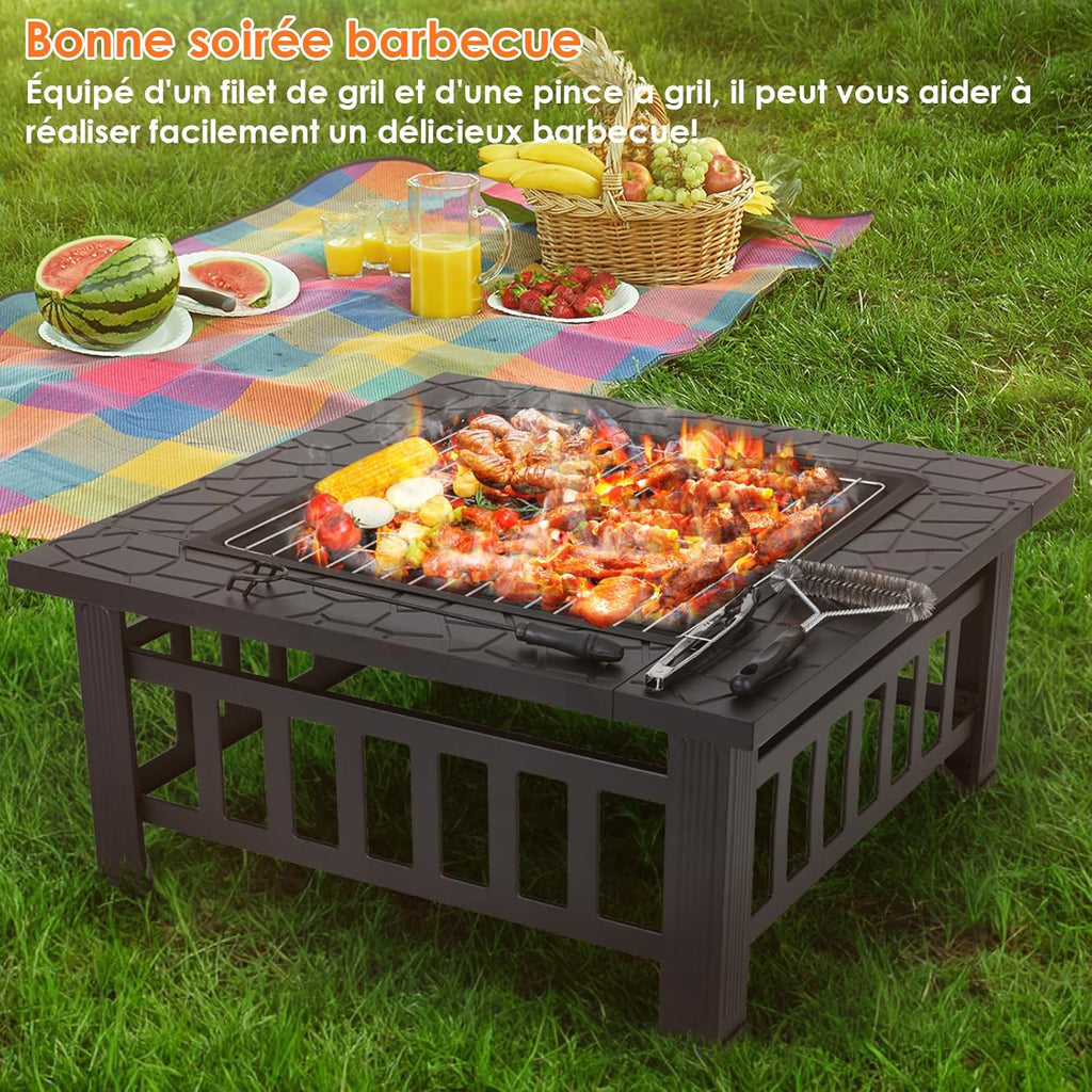 LIFERUN 32" BBQ-vuurkorf voor buiten, tuinvuurkorf, terrashaard met grill, inclusief pook, vonkenvanger, koolstofgaas, grillklemmen, borstel en 4 voetjes. 