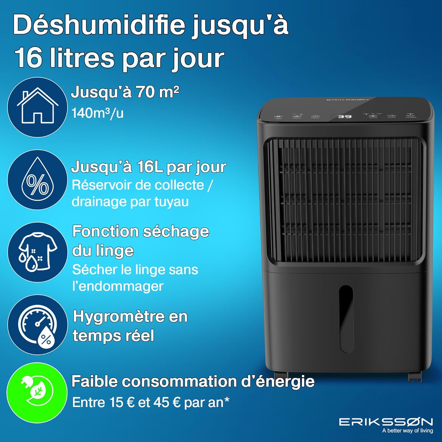 Déshumidificateur 16 litres/24 heures taille de la pièce : environ 140 m3 (70 m2), affichage LED, résistant à l'humidité  avec minuterie, économie d'énergie, avec capteur d'humidité (blanc)